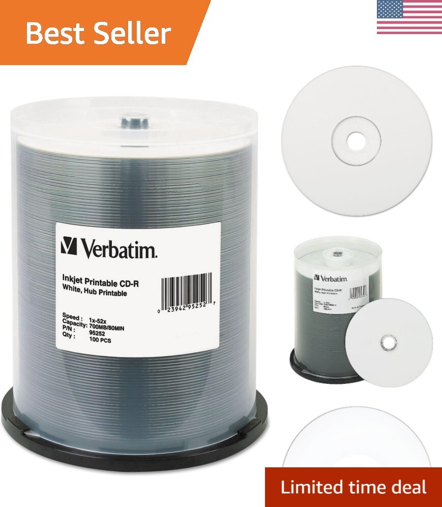 100pk White Inkjet Hub Printable CD-R 700MB Discs for Professional Use