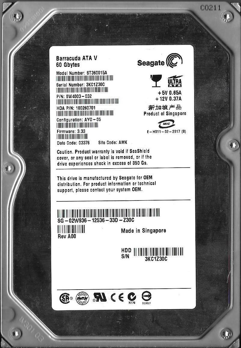 Seagate ST360015A 60GB IDE Hard Drive P/N: 9W4003-032 Site: AMK  Firmware: 3.33
