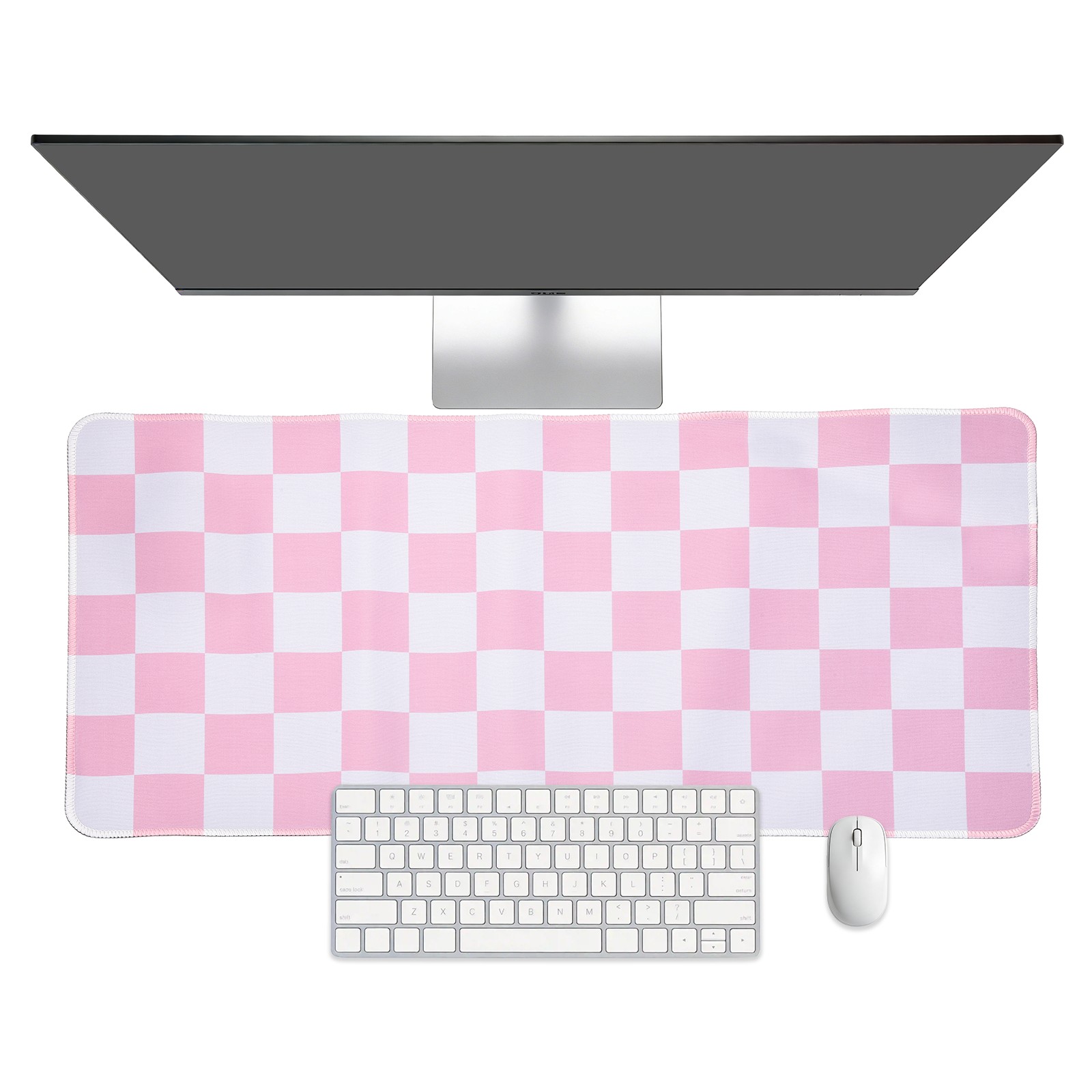 Checkered Desk Mat, 31.5x15.7 Inch Mouse Pad with Non-Slip, Pink/White