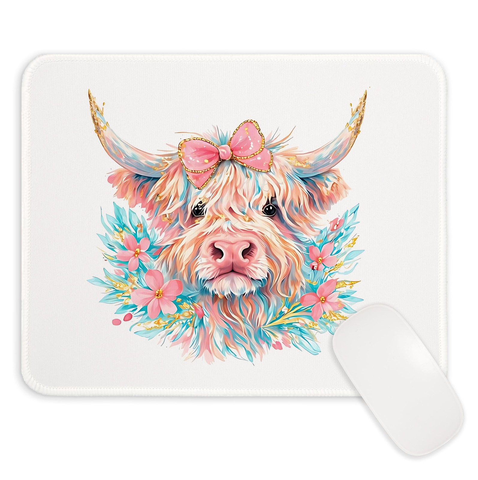 Preppy Pink Highland Cow Mouse Pad 9.5x7.9 Inch, Coquette Floral Highland Cow...