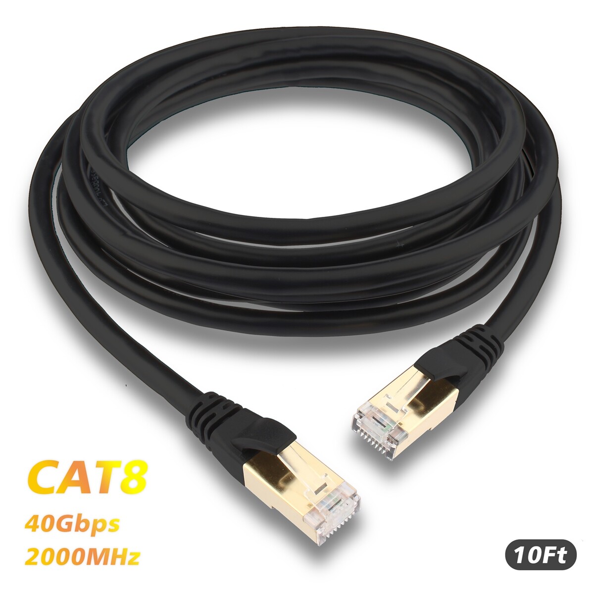 High Speed Cat8 Internet Wifi Cable 40Gbps 2000 Mhz - Black - 10ft Long Cord Lot