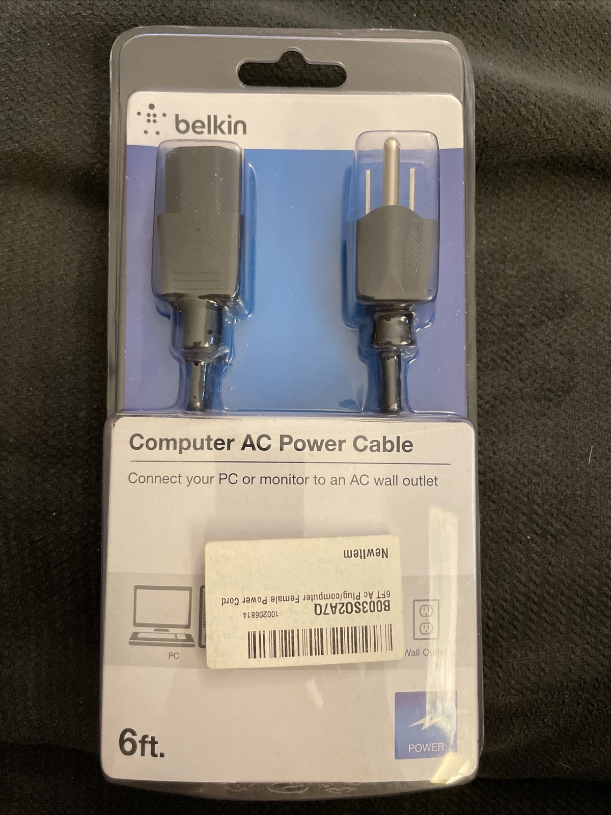 Belkin F3A201-06-SN 6 FT Computer AC Power Cord Cable NEW