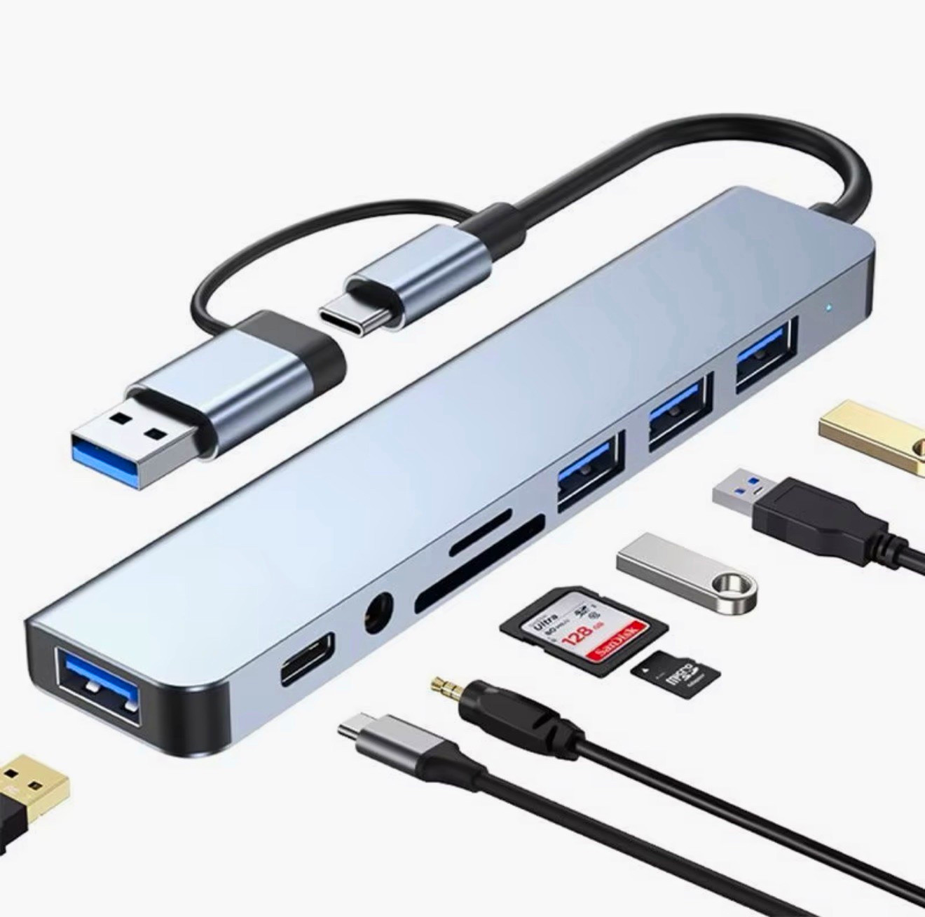 Aluminum USB 8 in 1 Hub Adapter USB-C + USB-A 2-in-1, 4x USB 3.0 5Gbps Silver