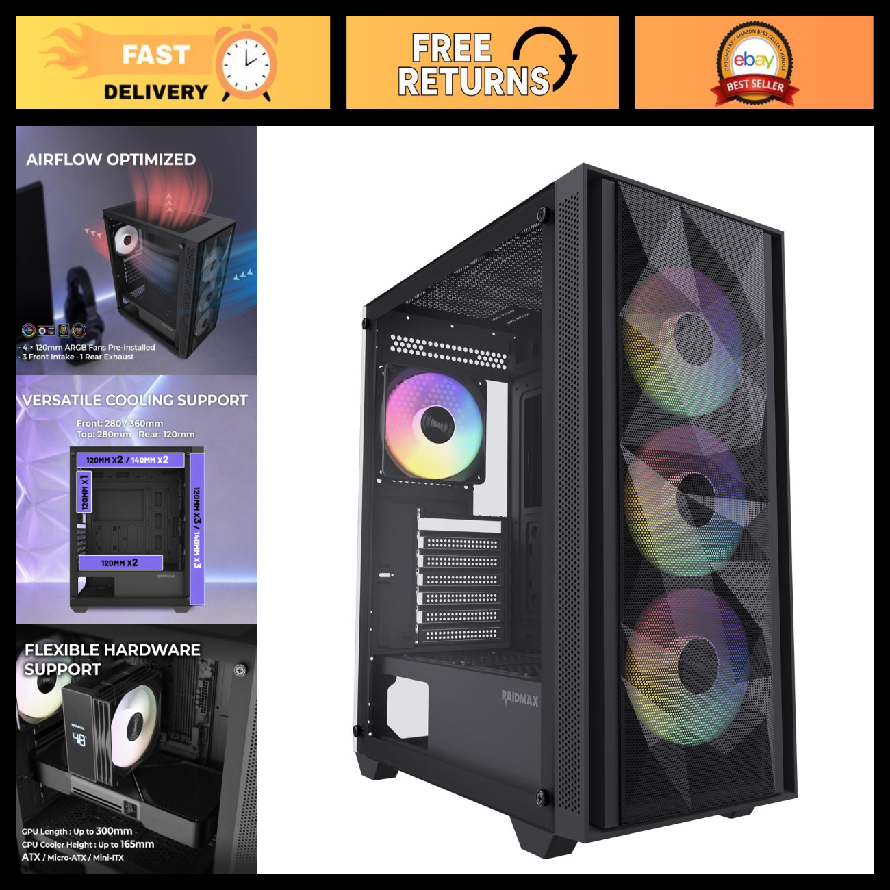 High Airflow Mid Tower Gaming PC Case, 4x ARGB Fans, Tempered Glass, GPU/240mm R