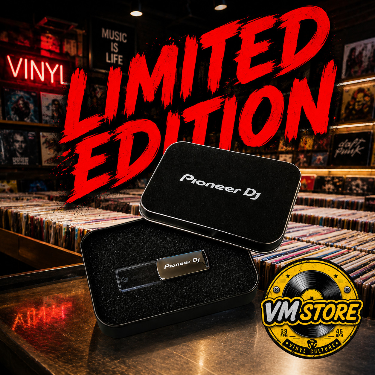 PIONEER DJ RED LED USB STICK 16GB 2.0 PEN DRIVE + METAL CASE BOX