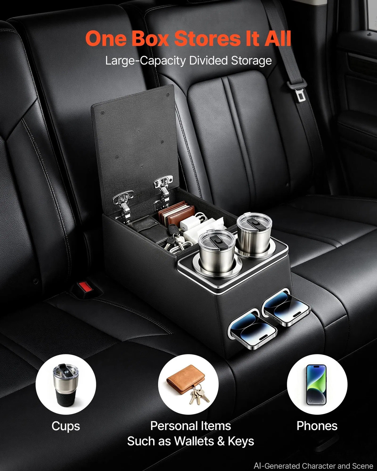 Universal Rear Bench Seat Center Console Armrest Storage Box, Back Seat Tools Or