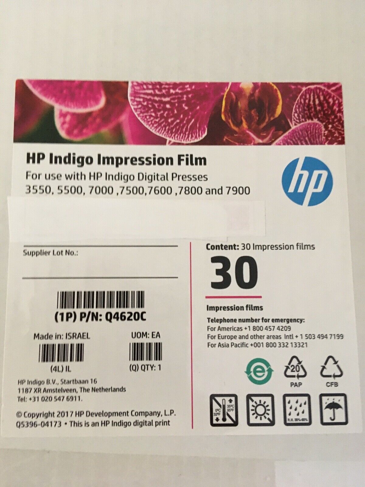 HP Indigo Q4620C Impression Film 30 Pcs for Digital Press 3550, 5500, 7000, 7500