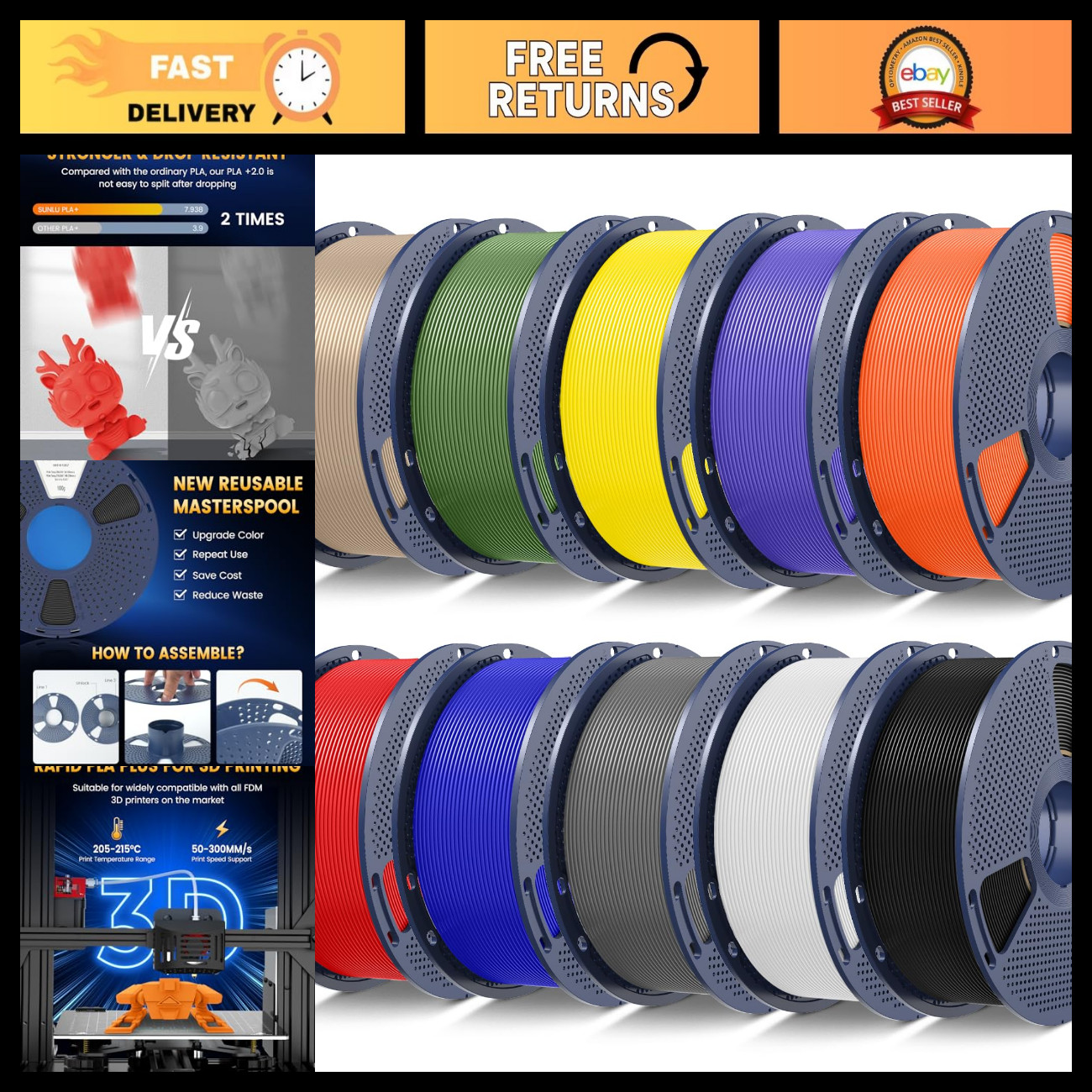 Multicolor PLA+ 3D Printer Filament 10-Pack (10KG) - High-Quality, Durable, Easy