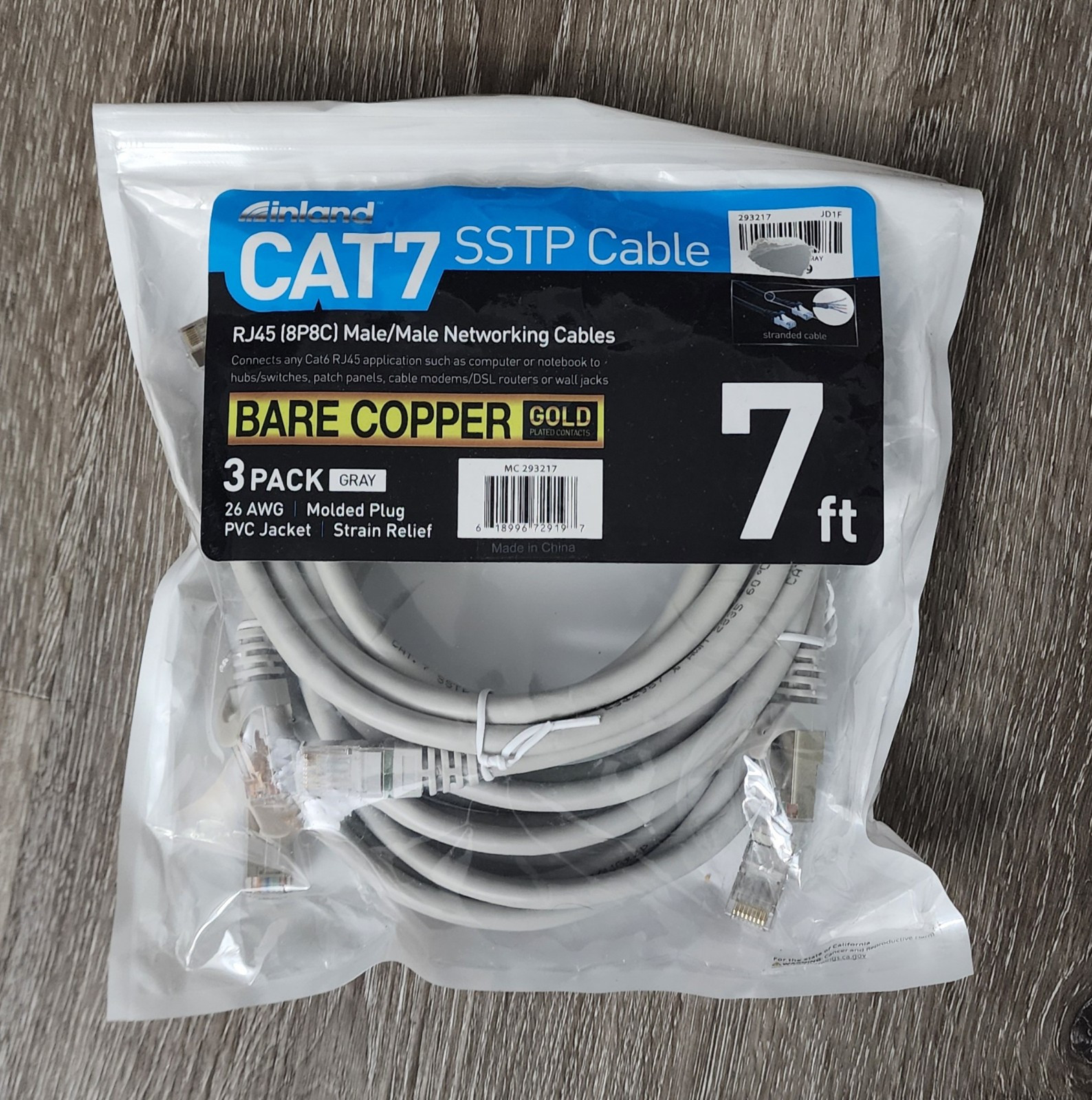 3 PACK - Inland 7 Ft. CAT 7 Copper Stranded SSTP Shielded Ethernet Cable - Gray