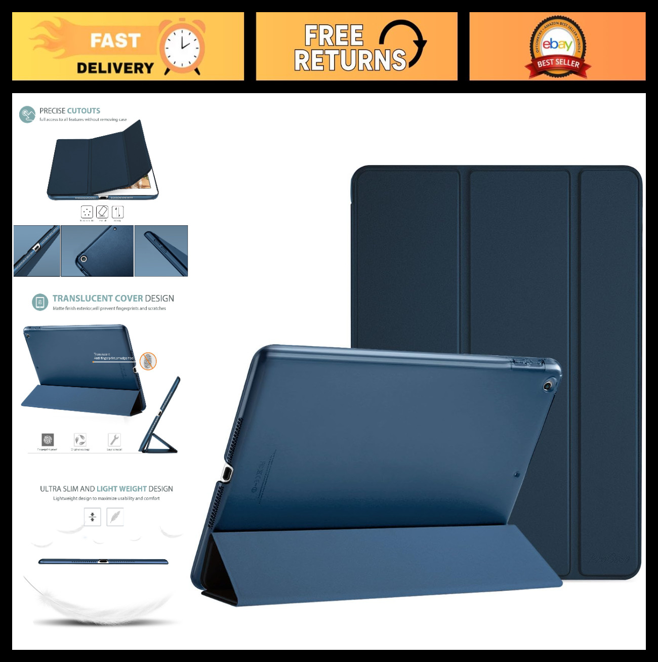 Ultra Slim Lightweight iPad 9.7 Case, Stand Cover, Translucent Frosted Back - Na