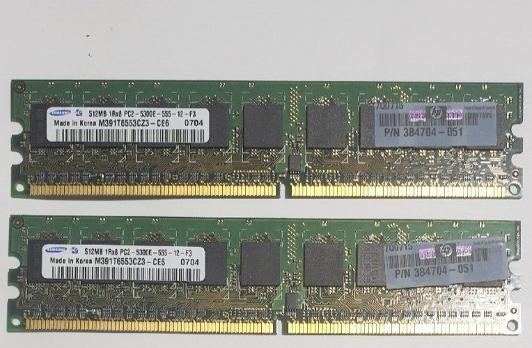 1GB RAM Memory KIT 2x512GB Samsung HP DDR2-667 PC2-5300E M391T6553CZ3 384704-051