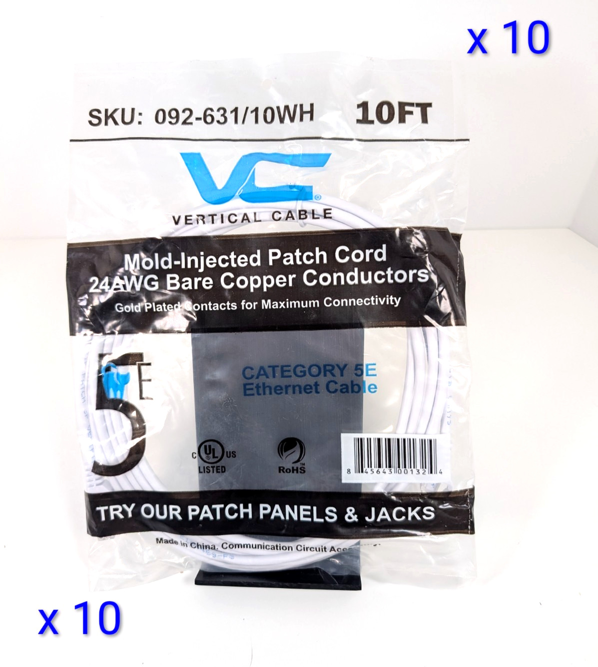 10 x Vertical Cable Category 5e Ethernet Cable Mold Injected Patch Cord - 10Ft