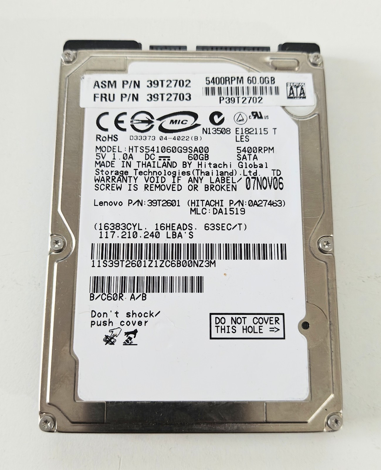 Hitachi HTS541060G9SA00 Hard Disc 39T2702 5400 RPM 60.0GB