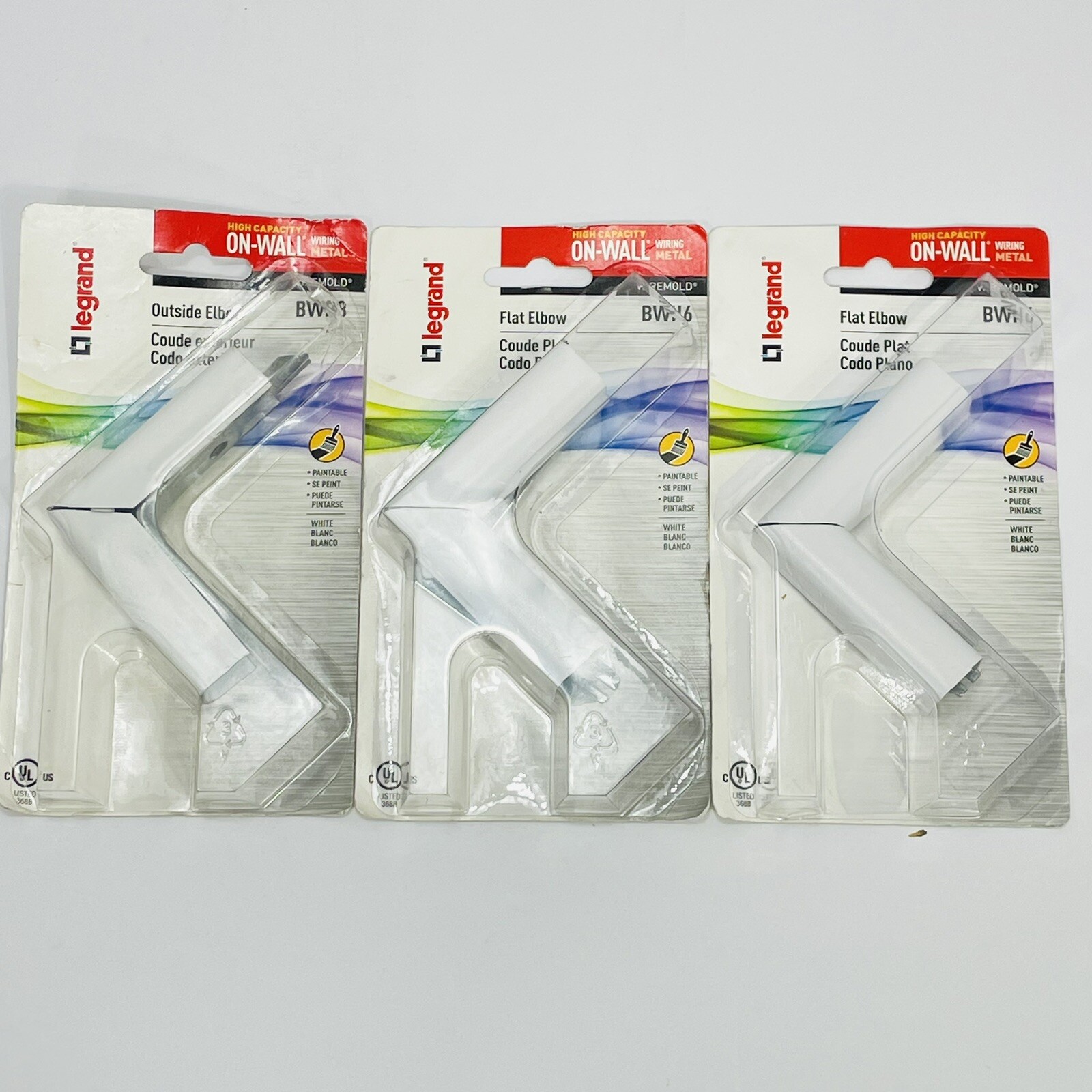 Qty 3 Legrand Wiremold BWH6 On-Wall Flat Elbow Metal Surface Raceway White ~NEW~