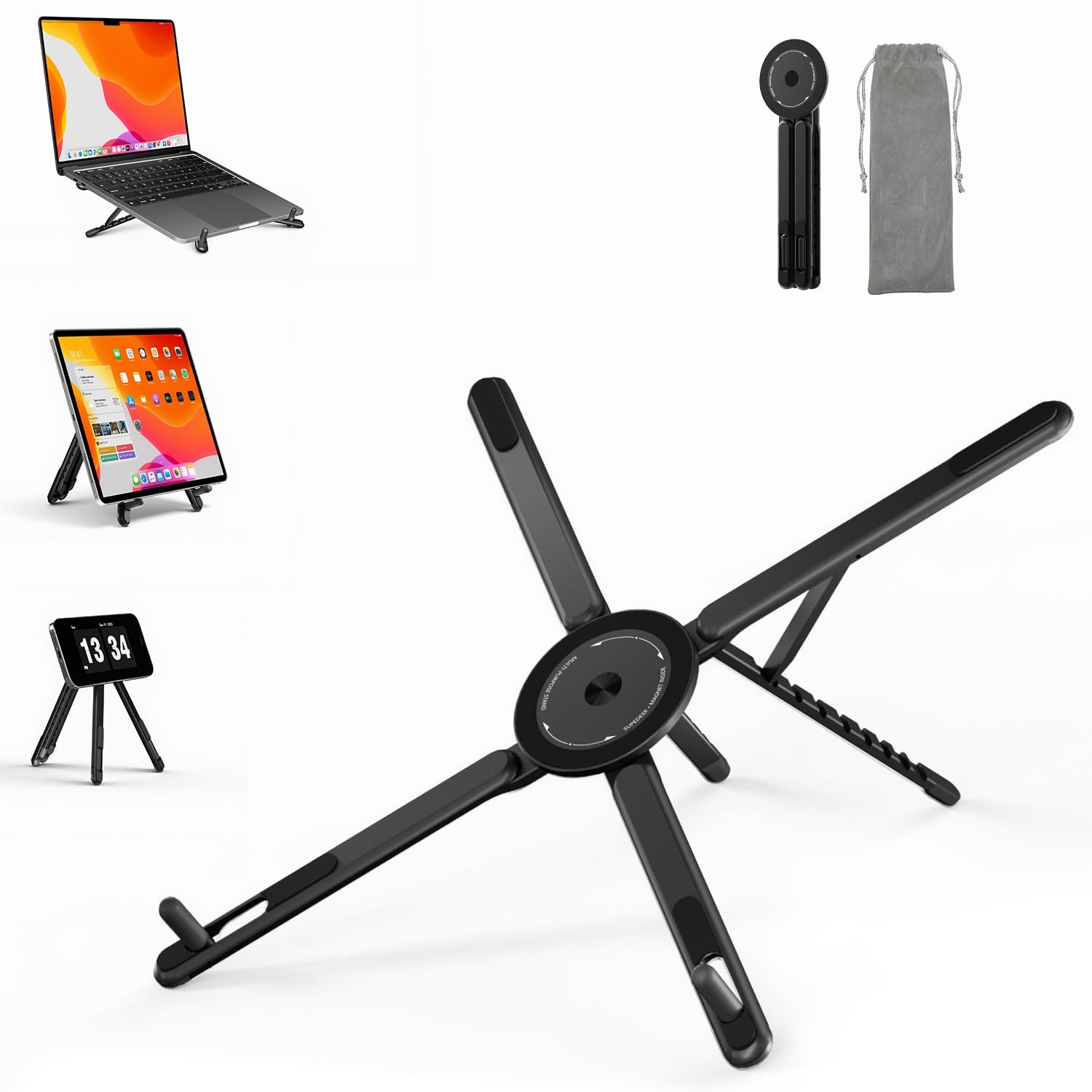 SupeDesk Adjustable Laptop Stand, 3-in-1 Magnetic Stand for & Black