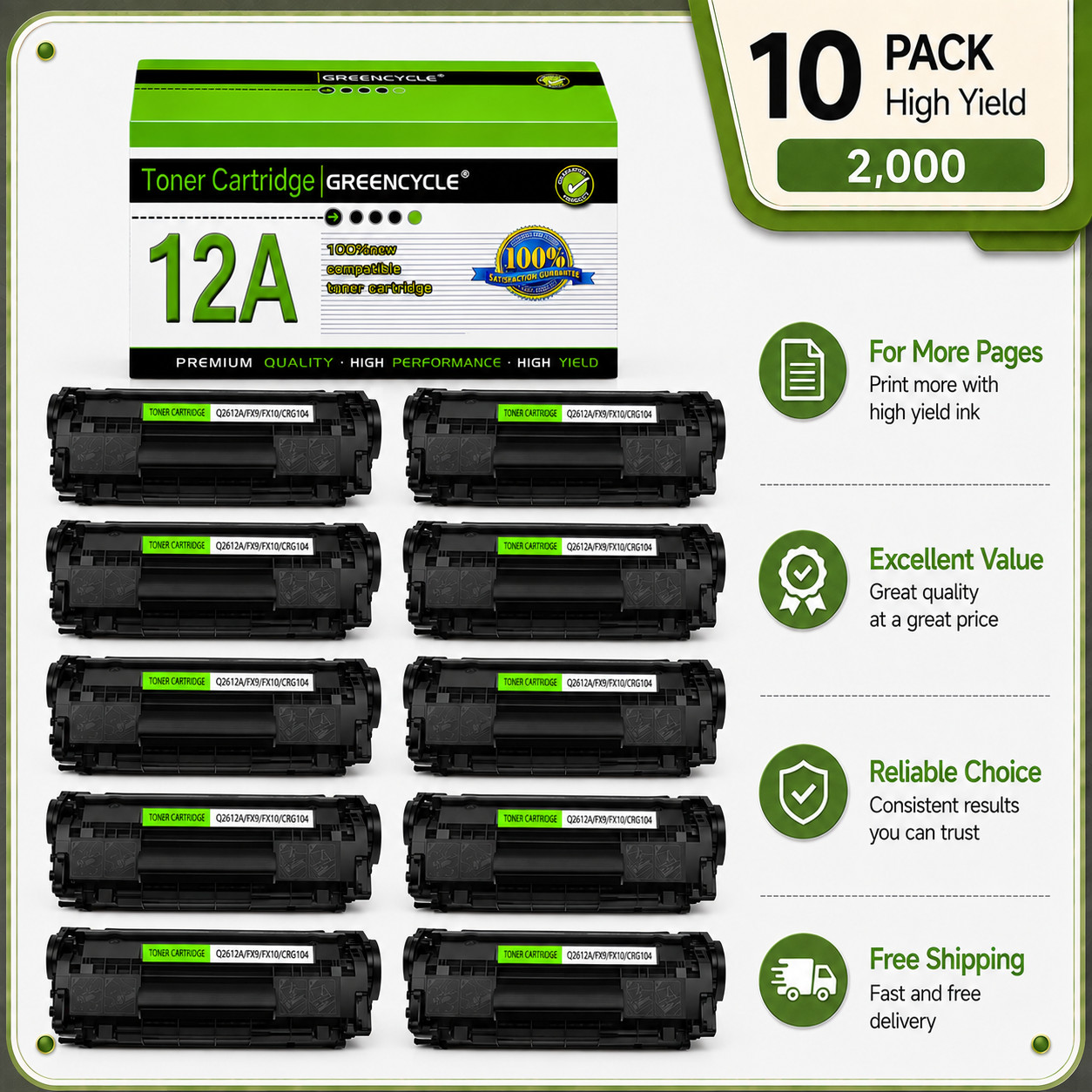 GREENCYCLE 10PK Q2612A 12A Toner Fit for HP 12A LaserJet 3050 3052 30551018 1020