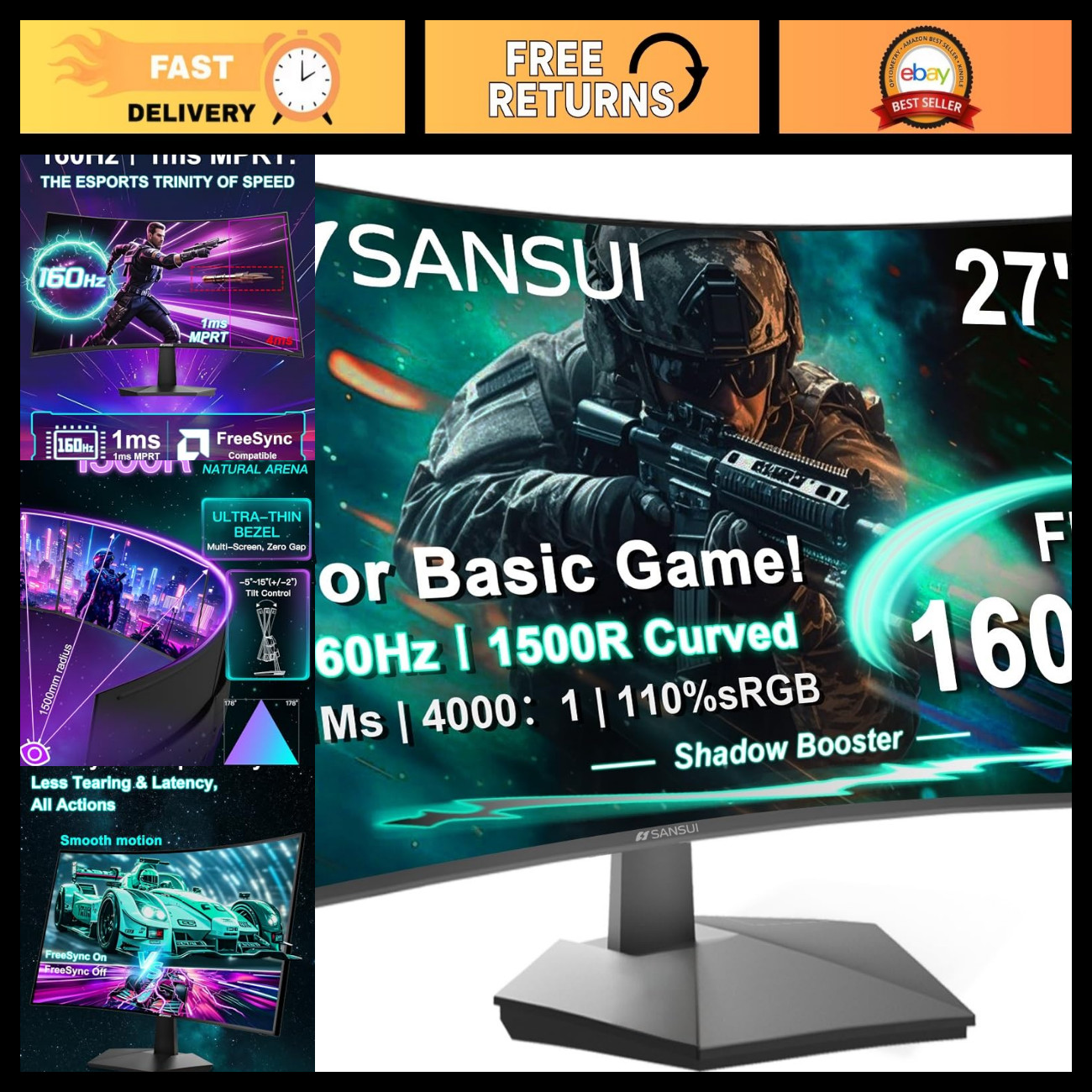 27" Curved Gaming Monitor 160Hz 144Hz FHD 1080P - Ultra-Smooth Display, Immersiv