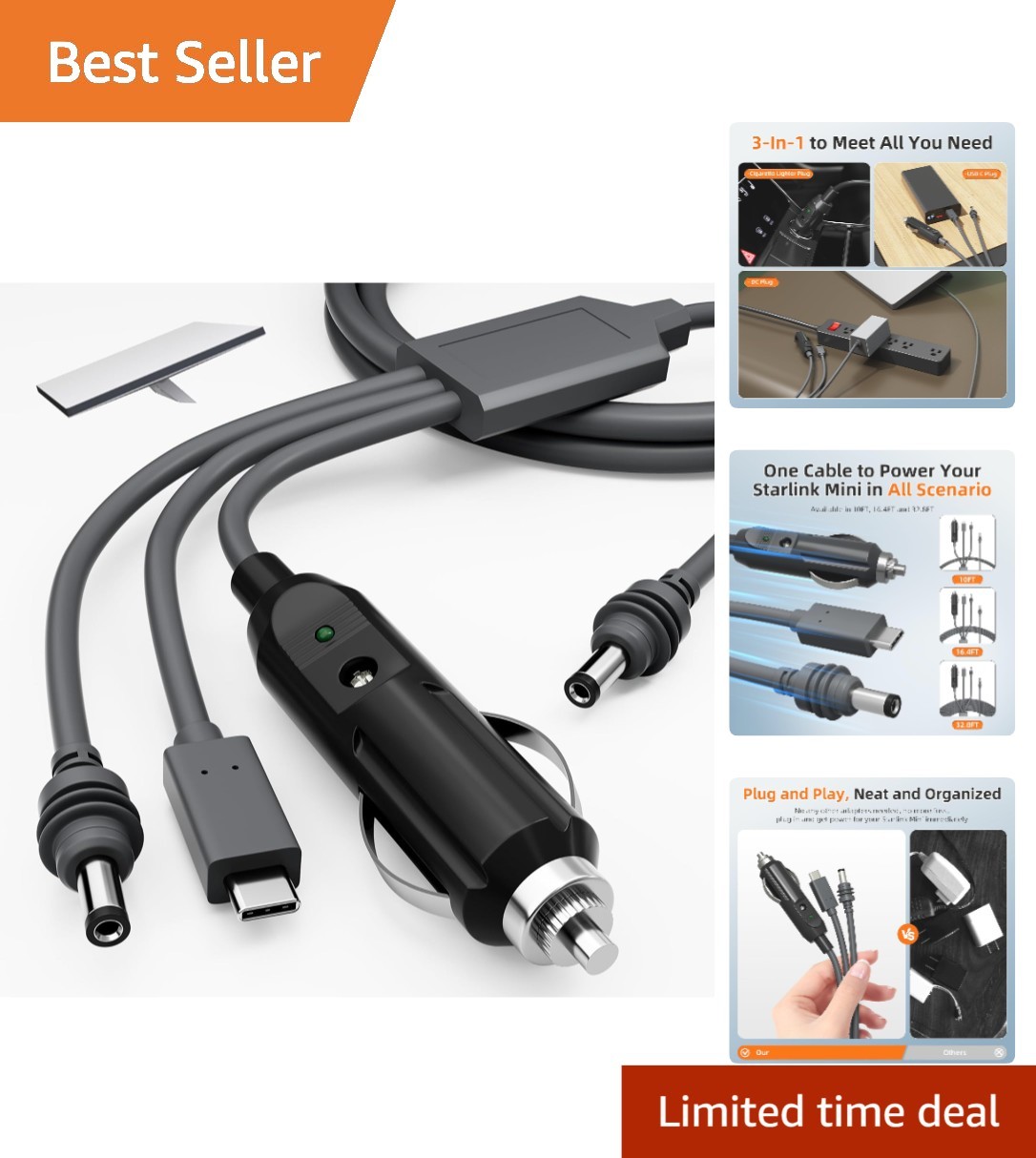 Waterproof 10FT Starlink Mini Power Cable - 3-in-1 USB-C & Lighter Essential