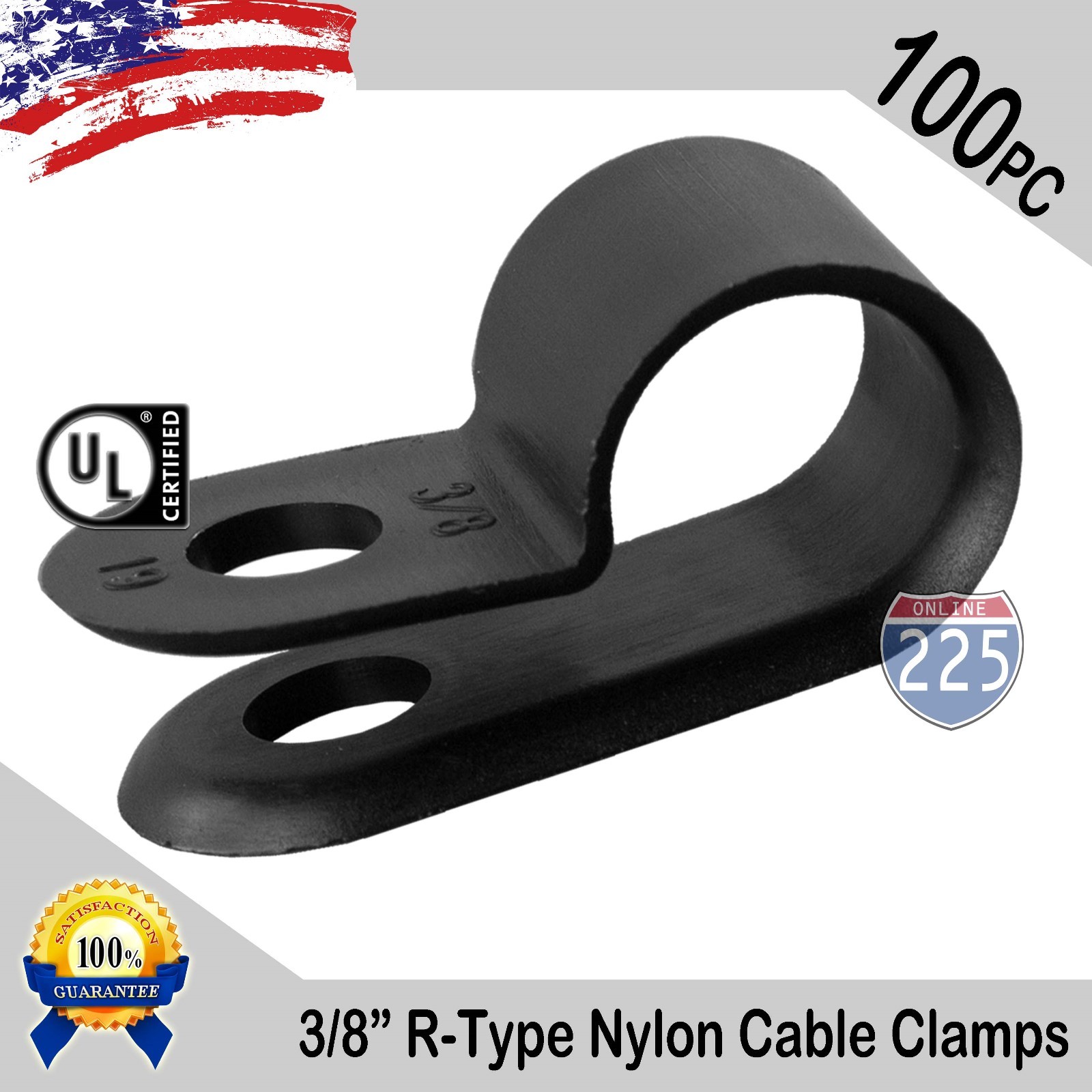 100 PCS PACK 3/8" Inch IN R-Type CABLE CLAMP NYLON BLACK HOSE WIRE ELECTRICAL UV