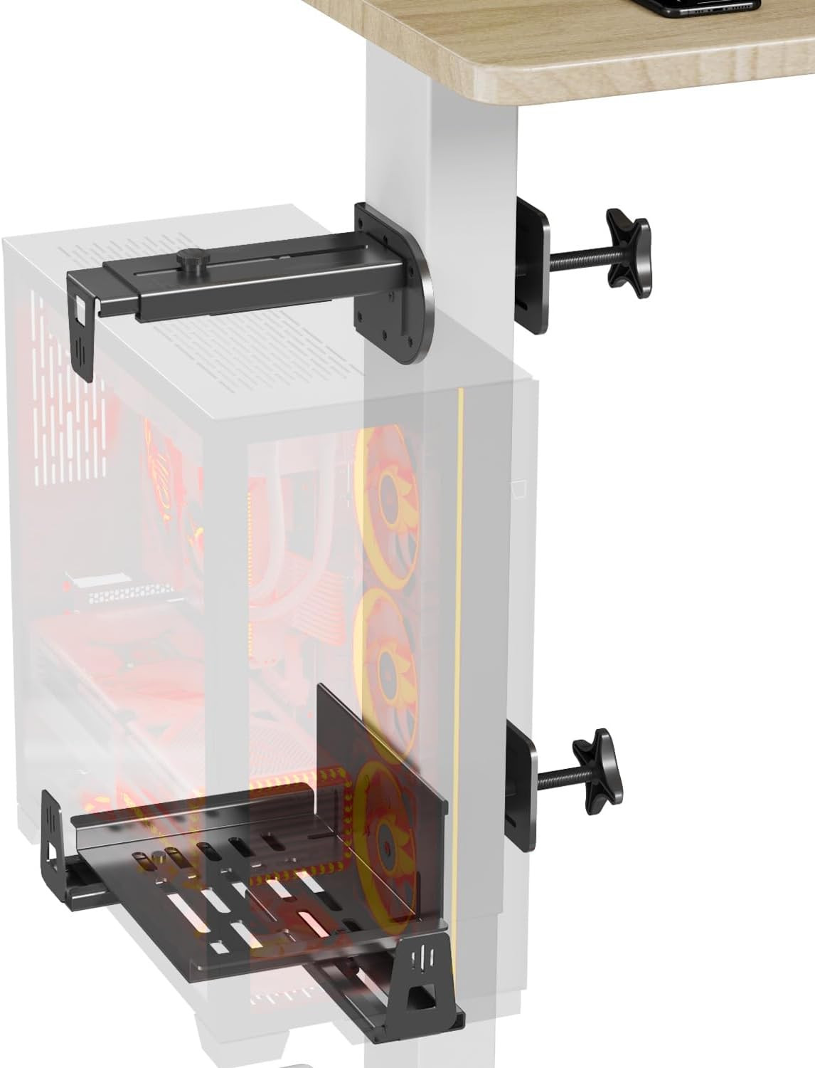under Desk PC Mount with Protective Arms, Clamp-On Leg CPU Mount | No Drilling,