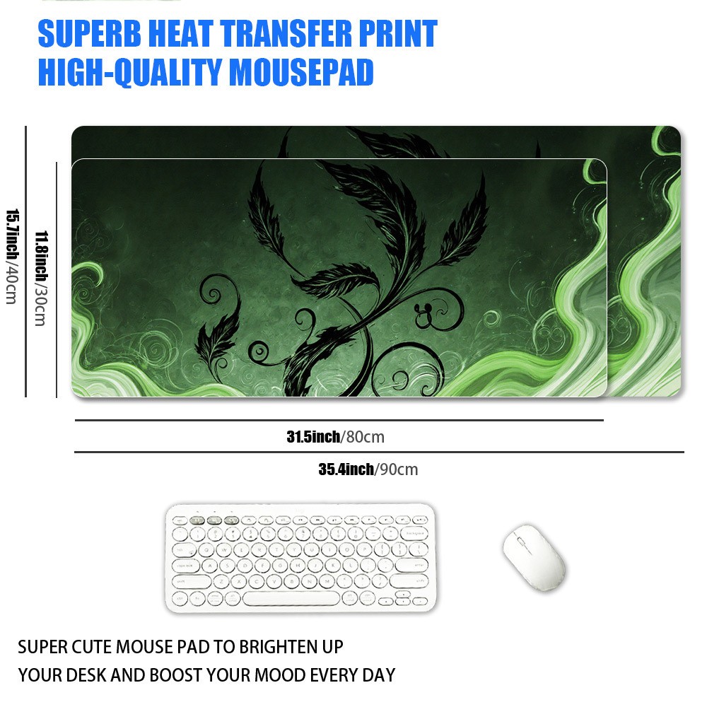 1pc XXL Oversized Black Feather Curl Grass Texture Mouse Pad, Deep Green Gradi