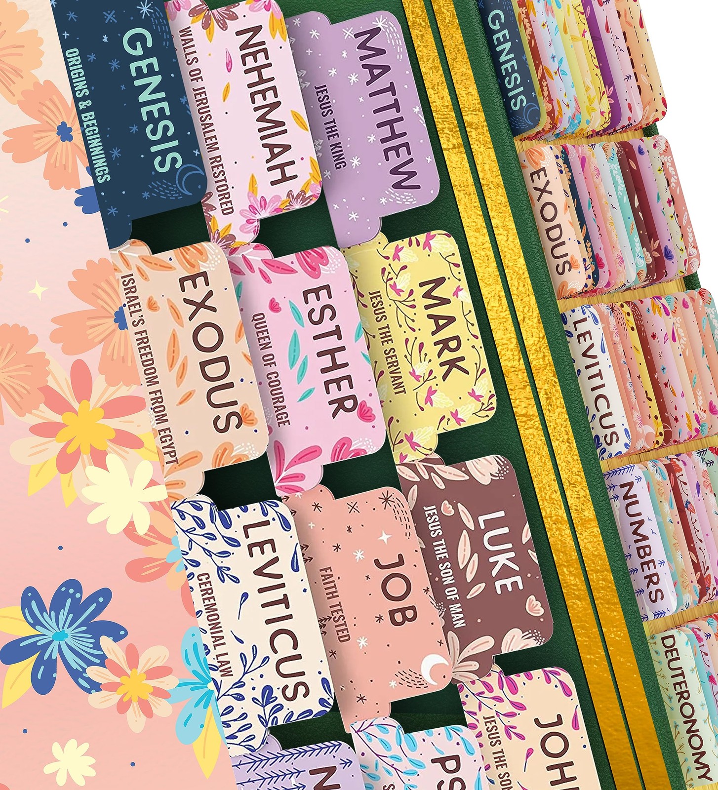 Bible Tabs 66 Count Peel-and Stick Large Print Laminated Pastel Bloom Gold Best