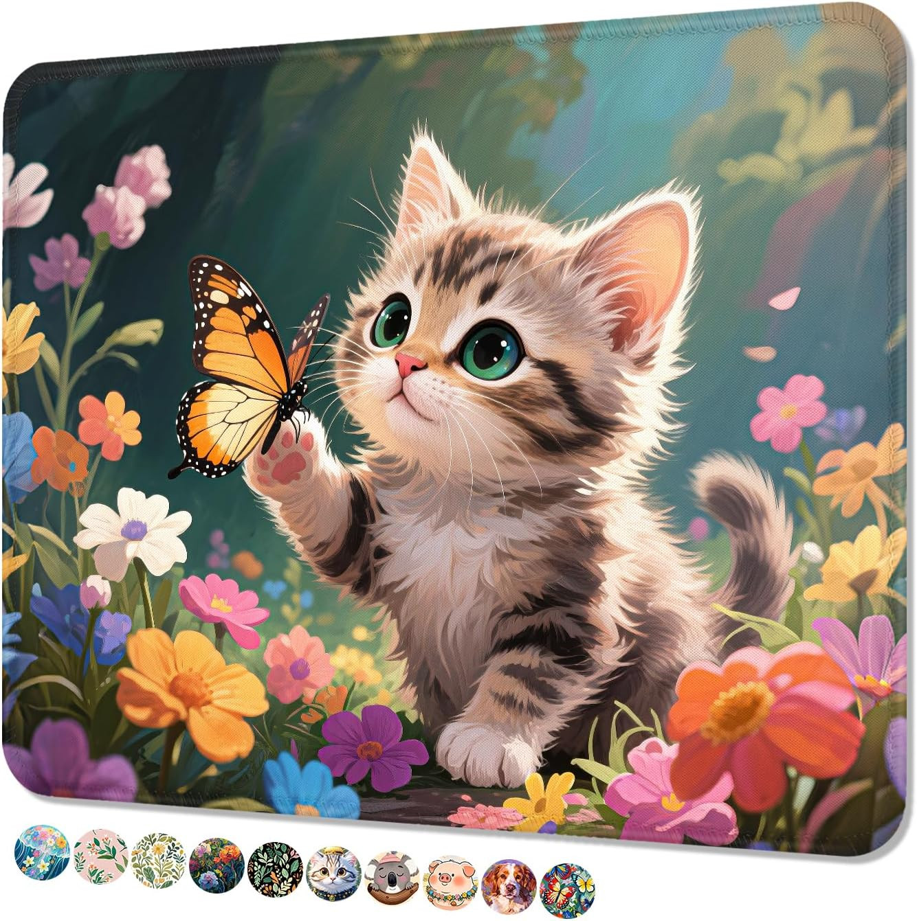 Mouse Pad, Cute Mouse Mat, 10" X 8", Colorful Flower Cat | Square Waterproof