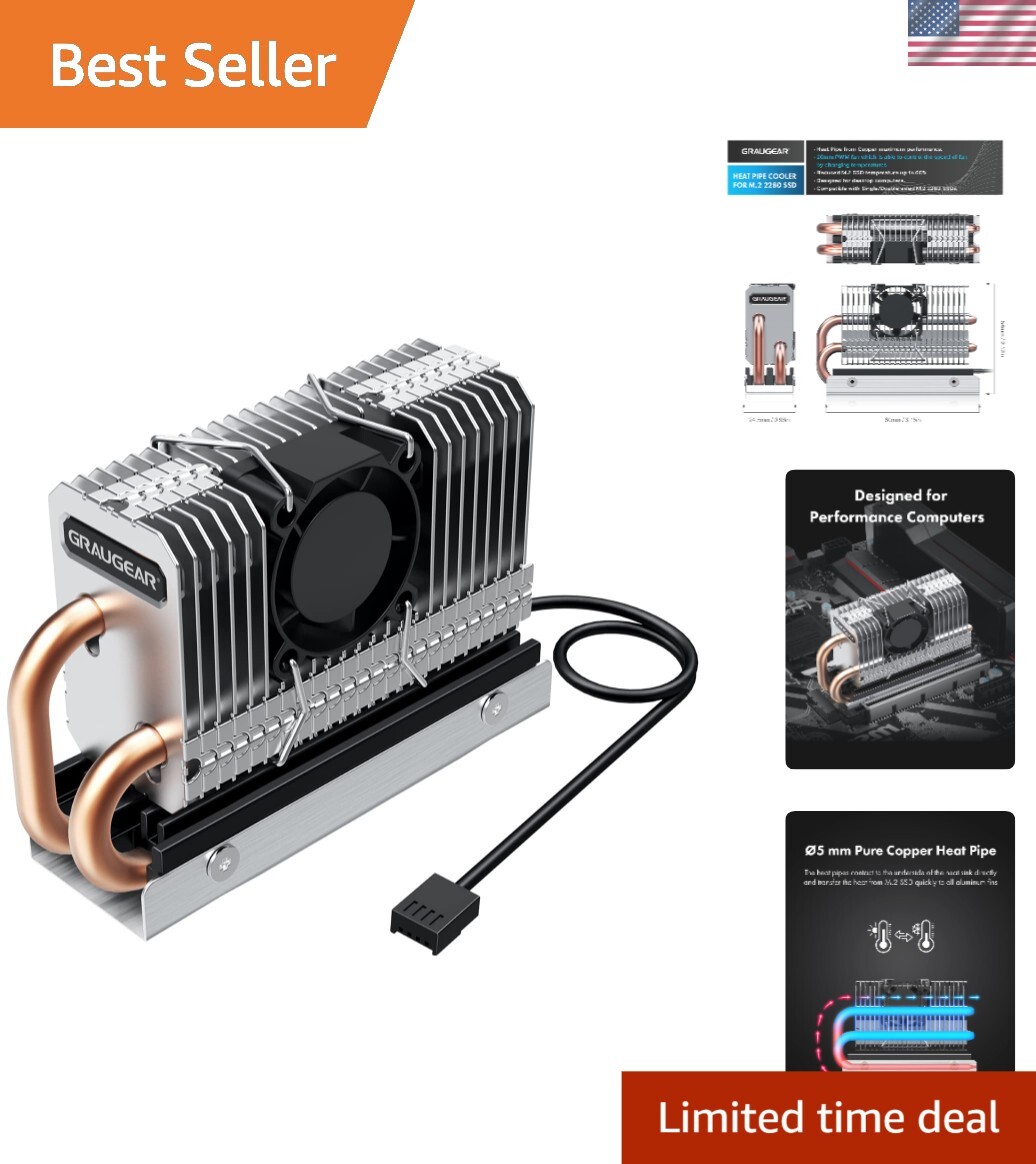 Ultra-Efficient M.2 2280 SSD Heatsink with Dual Copper Heat Pipes & PWM Fan