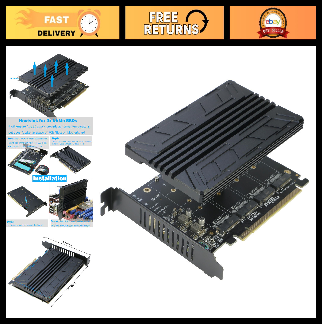 4-Port NVMe PCIe Adapter Card with Heatsink for M.2 SSDs 2280/2260/2242/2230