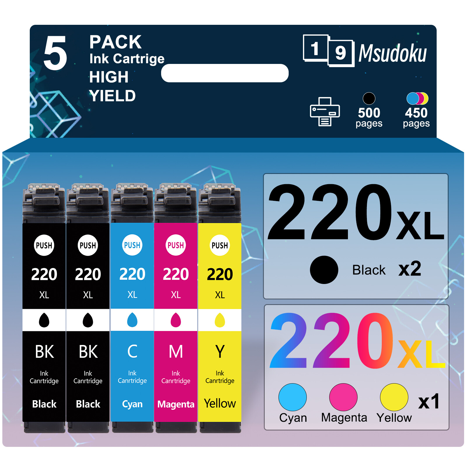 5-Pack T220XL 220XL Ink Cartridges For Epson WorkForce WF-2750 WF-2760 WF-2650