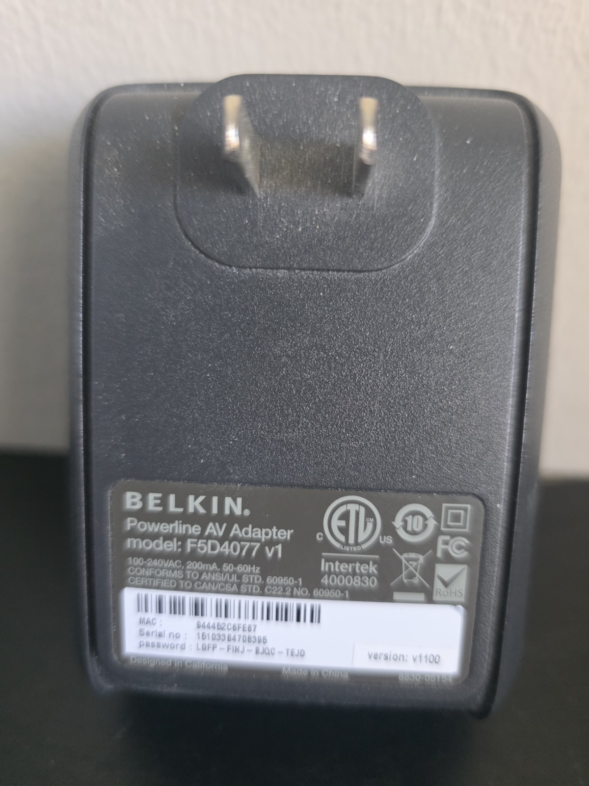 Belkin Powerline AV Adapter F5D4077 V1 Ethernet HomePlug Single Unit