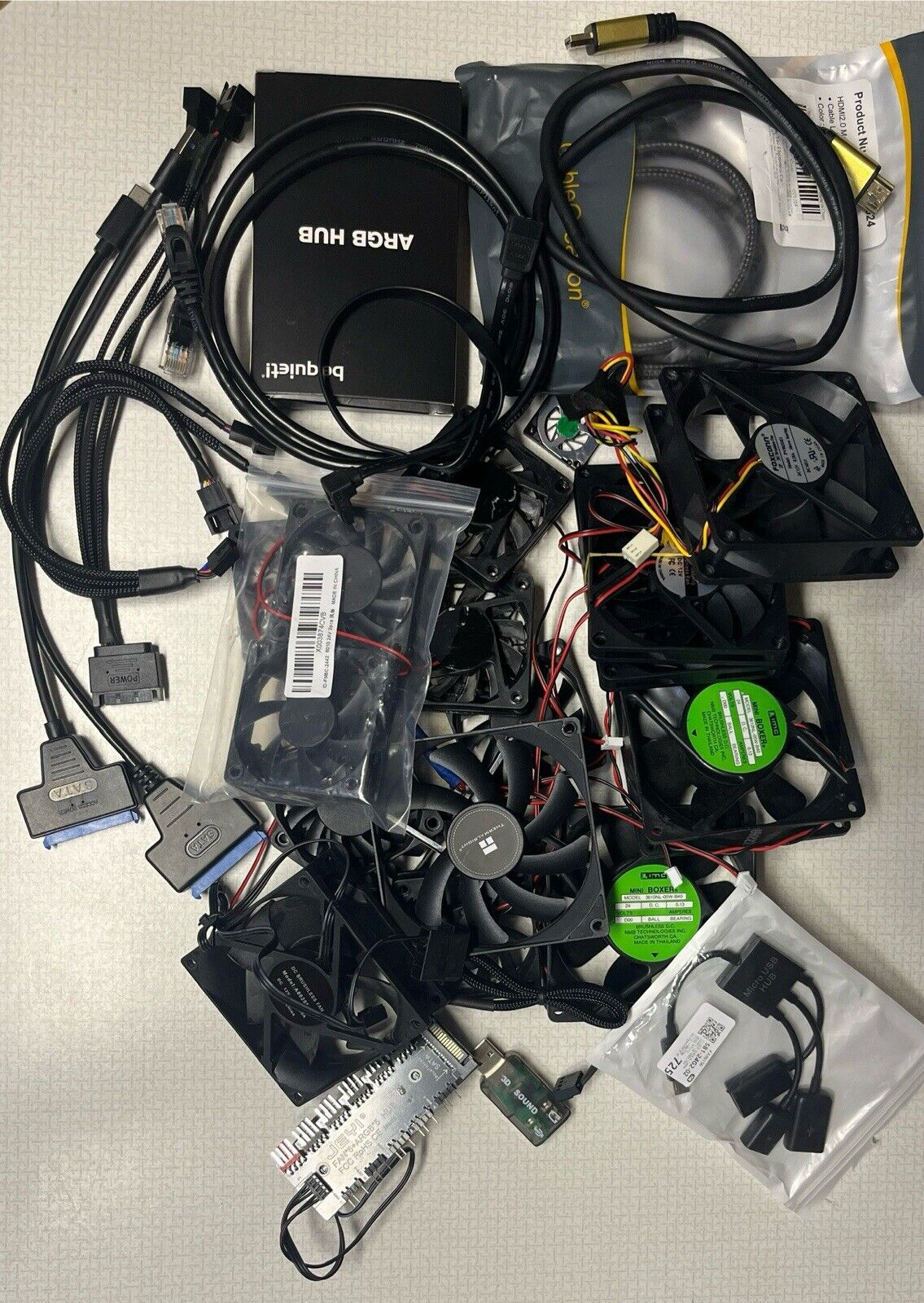PC Parts Lot - Fans, Cables, ARGB Hub, Fan Hub, Fan Power Splitter Adapter, SATA