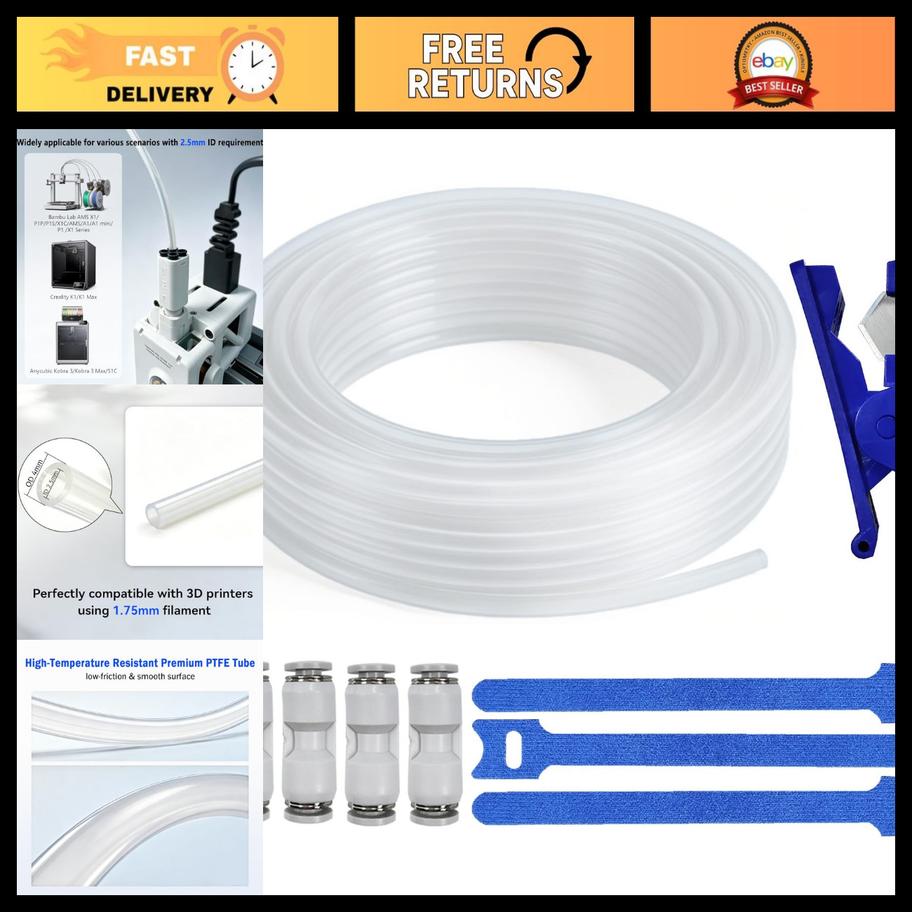 10m PTFE Tube Kit 2.5mm ID x 4mm OD for 3D Printers, Filament Extrusion Upgrade