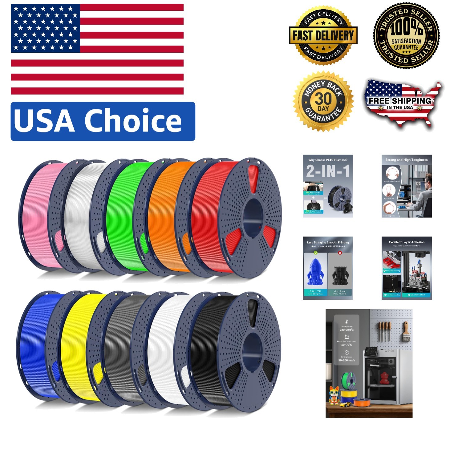PETG Filament Bundle - 10KG, 1.75mm, 10 Vibrant Colors, Vacuum-Sealed
