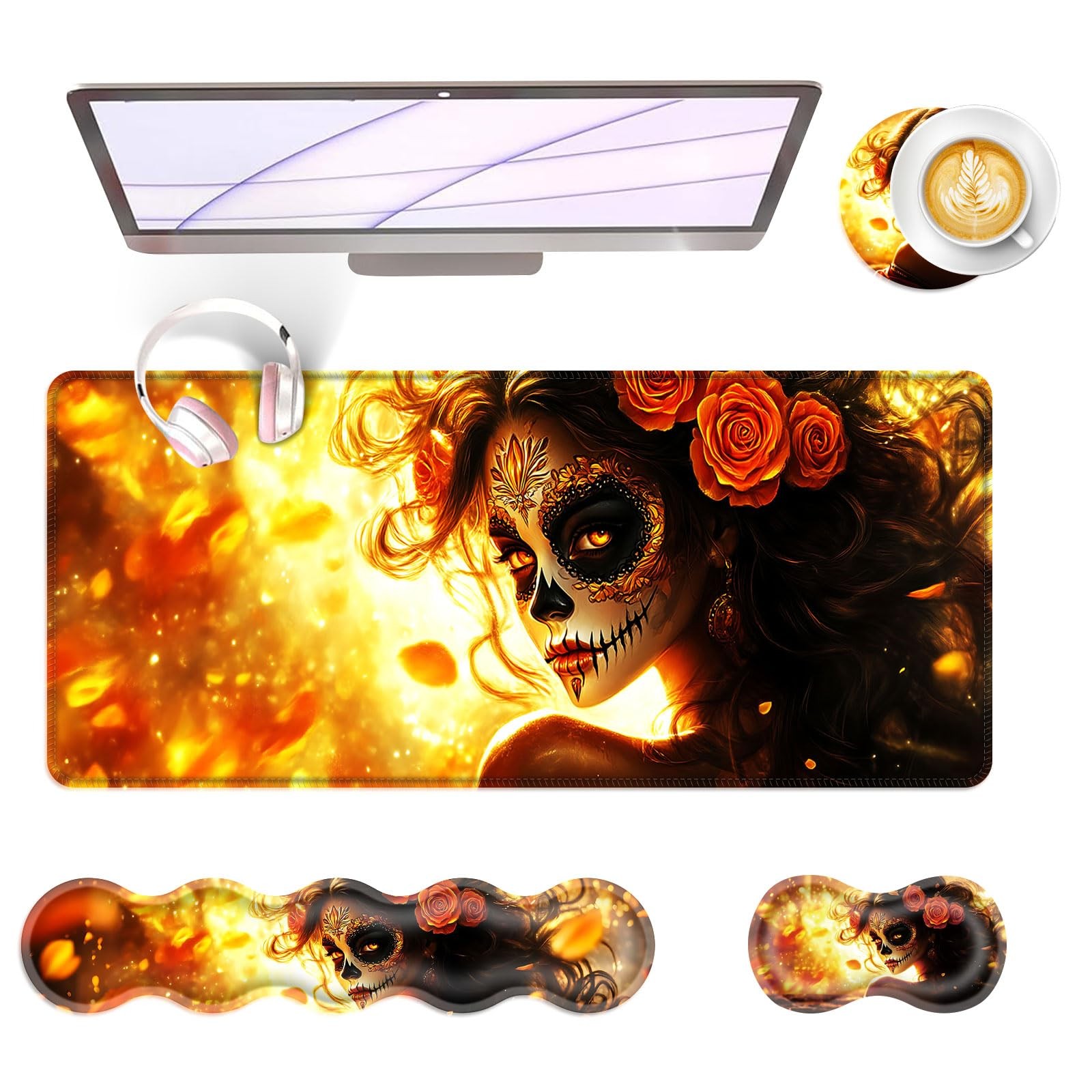 Skull Woman Rose Memory Foam Ergonomic Keyboard Mouse Desk Pad 31.5x11.8 In