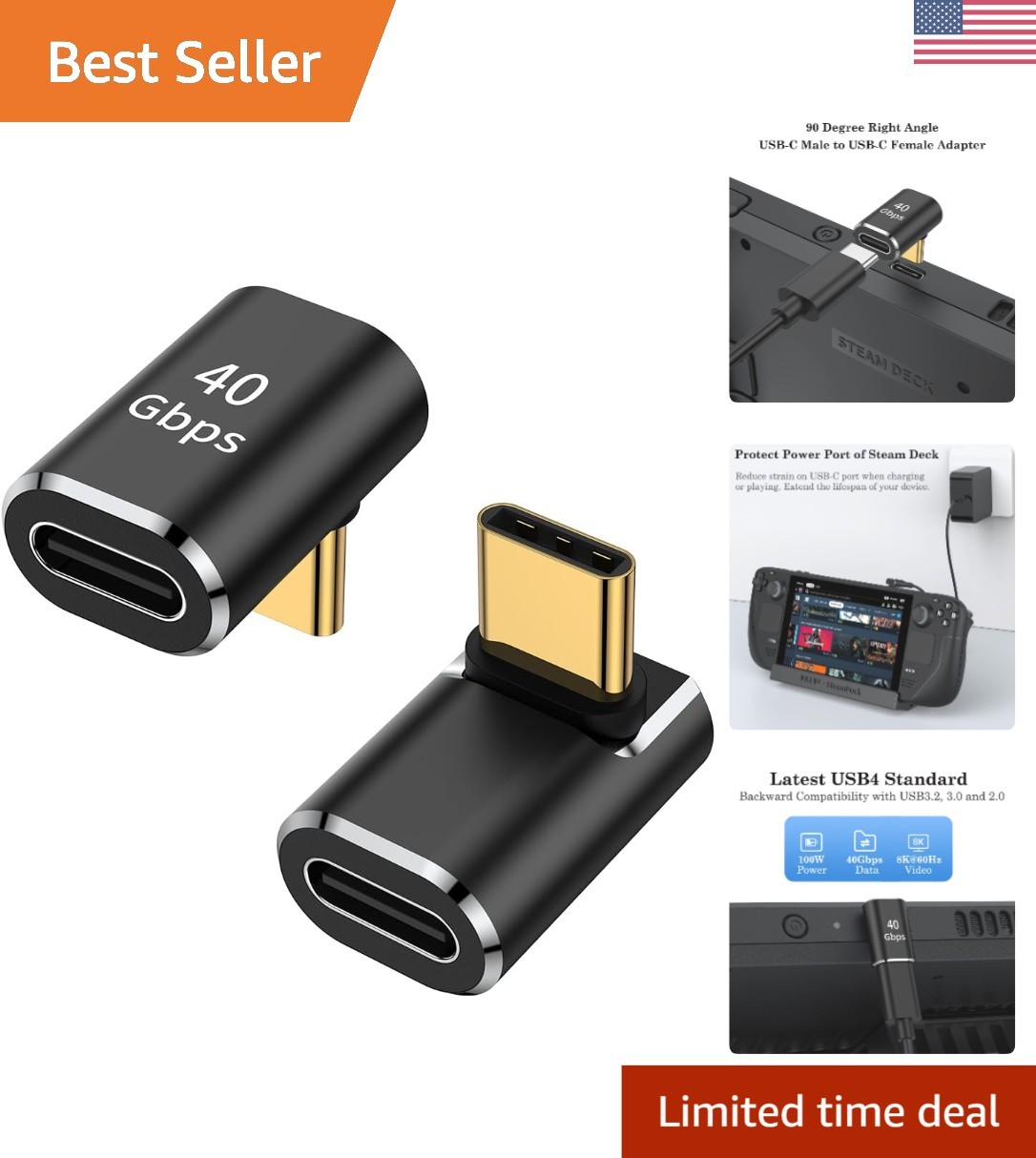 Durable 90-Degree USB Type C Adapter - 2 Pack for Fast Charging & Video Output