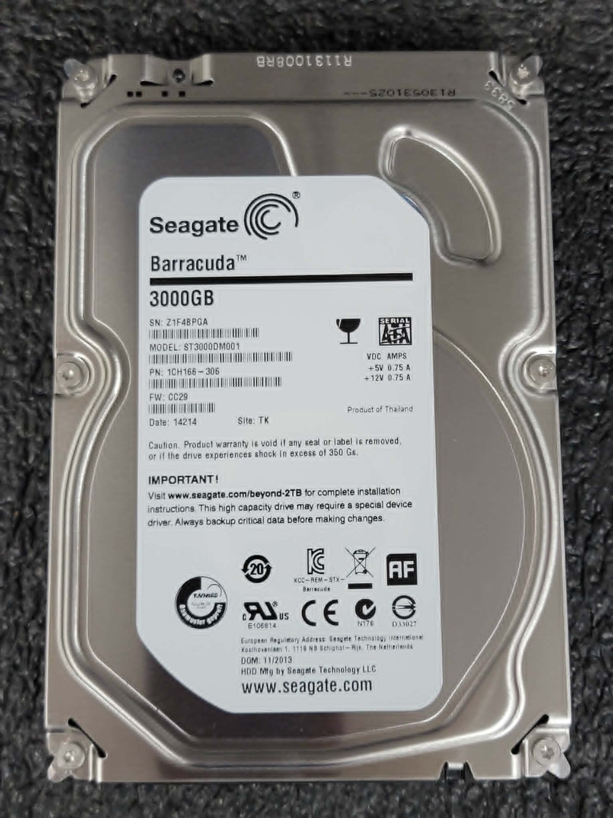 Seagate 1CH166-306 ST3000DM001 3TB 7.2K RPM 64MB Cache 6 Gbps SATA 3.5" HDD