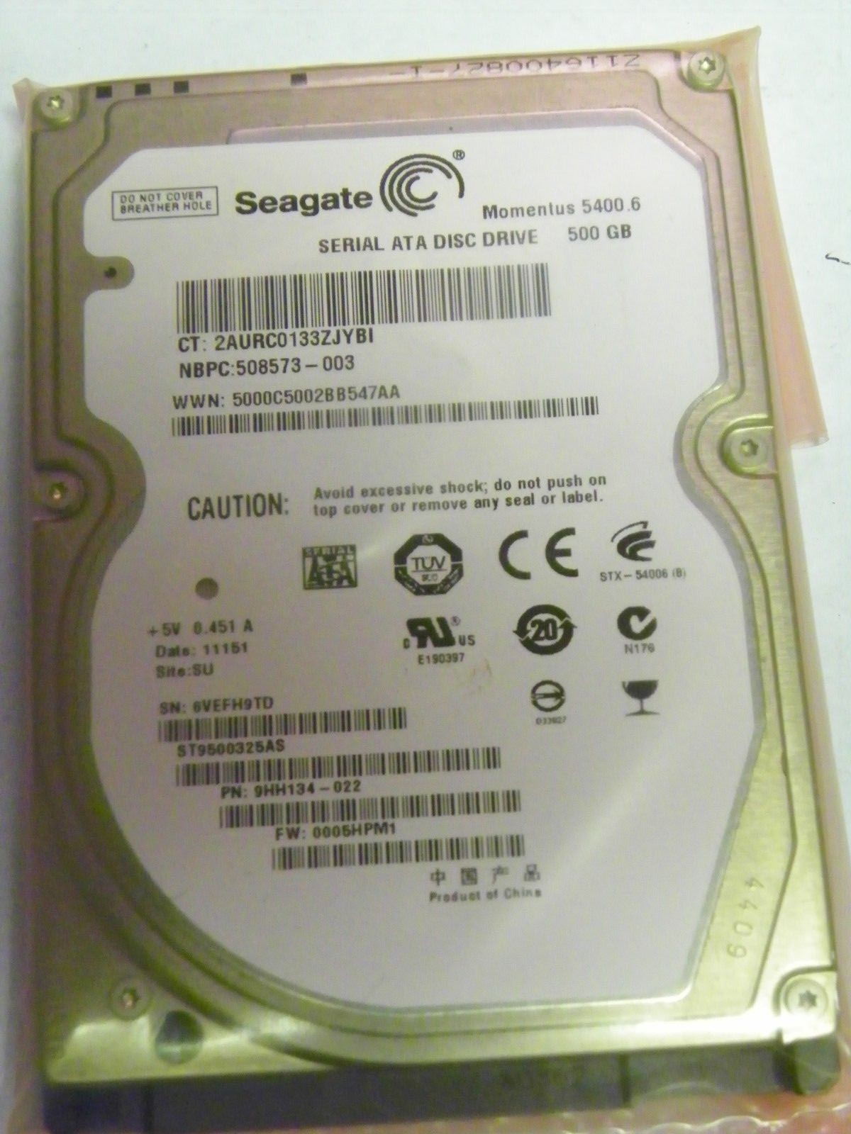 Seagate ST9500325AS P/N:9HH134-022 FW:0005HPM1 Laptop 500GB 2.5" SATA HDD