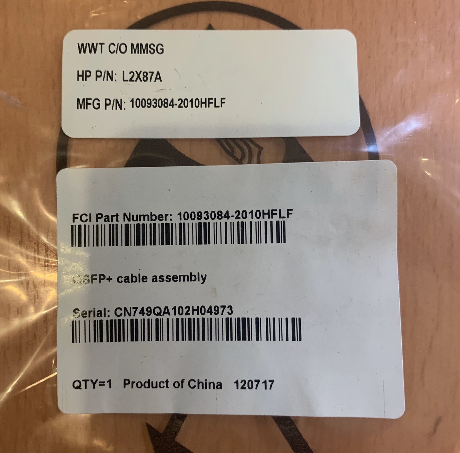 L2X87A HPE QSFP+ To QSFP+ 1M FCI # 10093084-2010HFLF, New