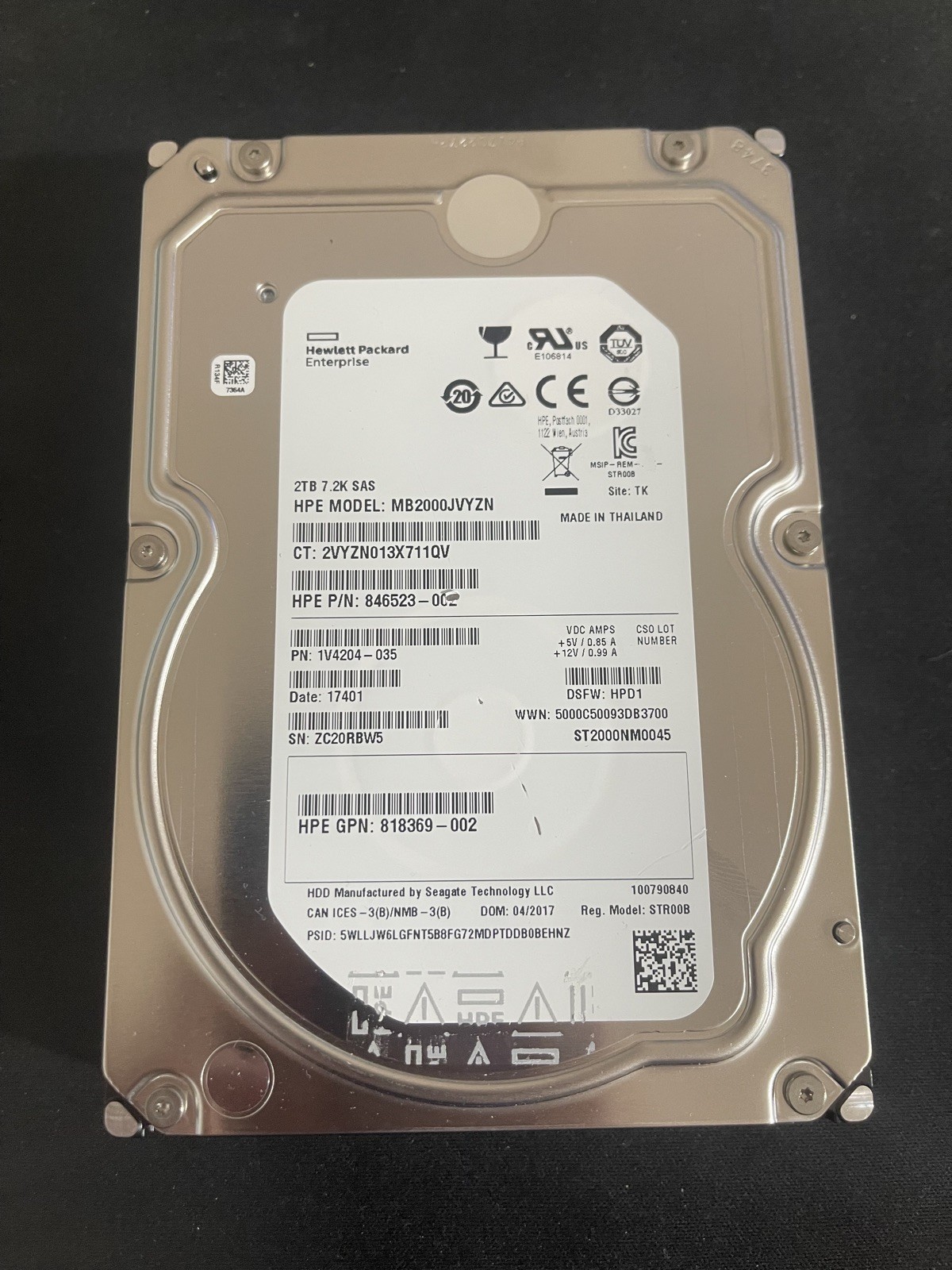 HPE 2TB 7.2K RPM SAS 12G 3.5" LFF SC Server Hard Drive MB2000JVYZN - Refurbished