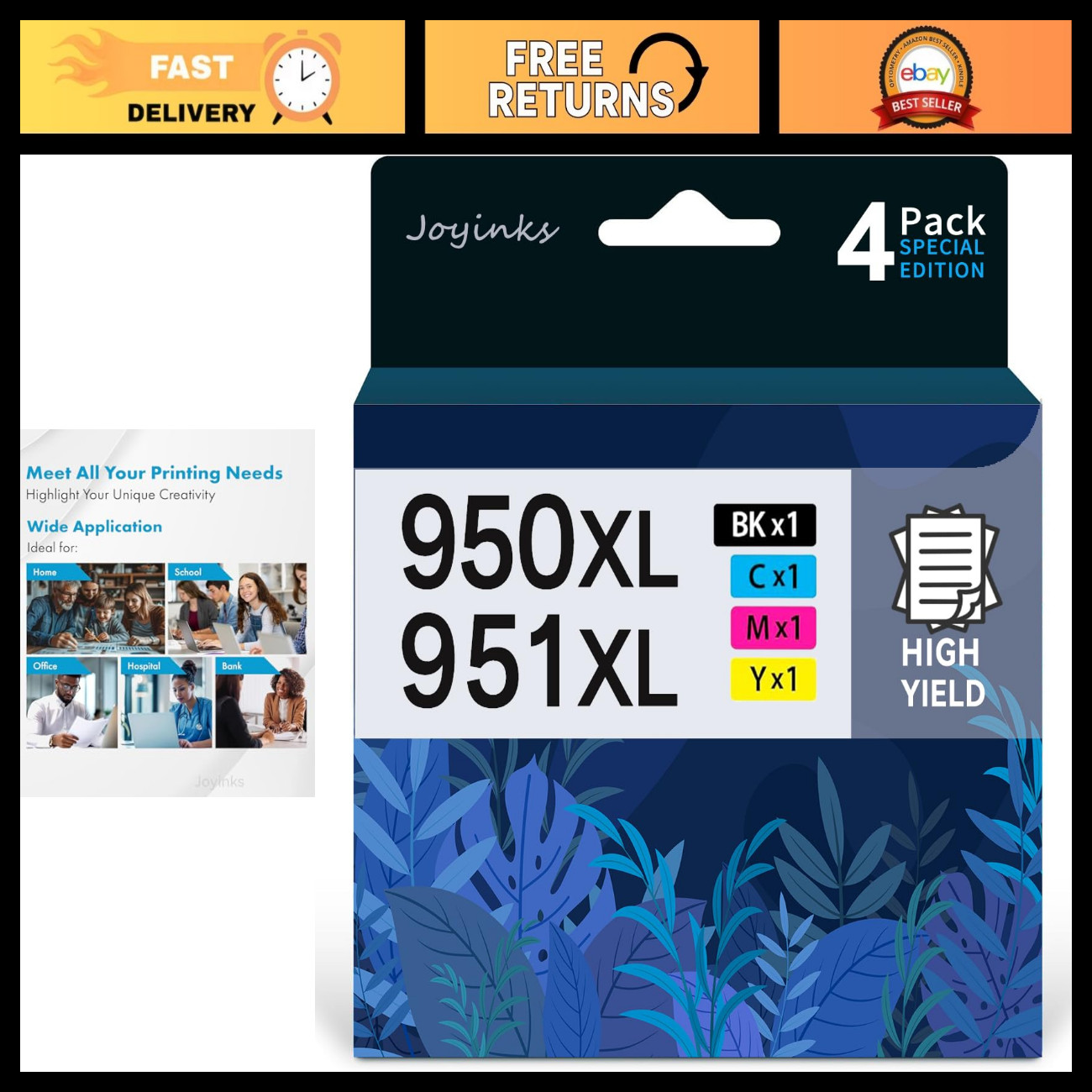 4-Pack Compatible Ink Cartridges for HP 950 951 - Black, Cyan, Magenta, Yellow