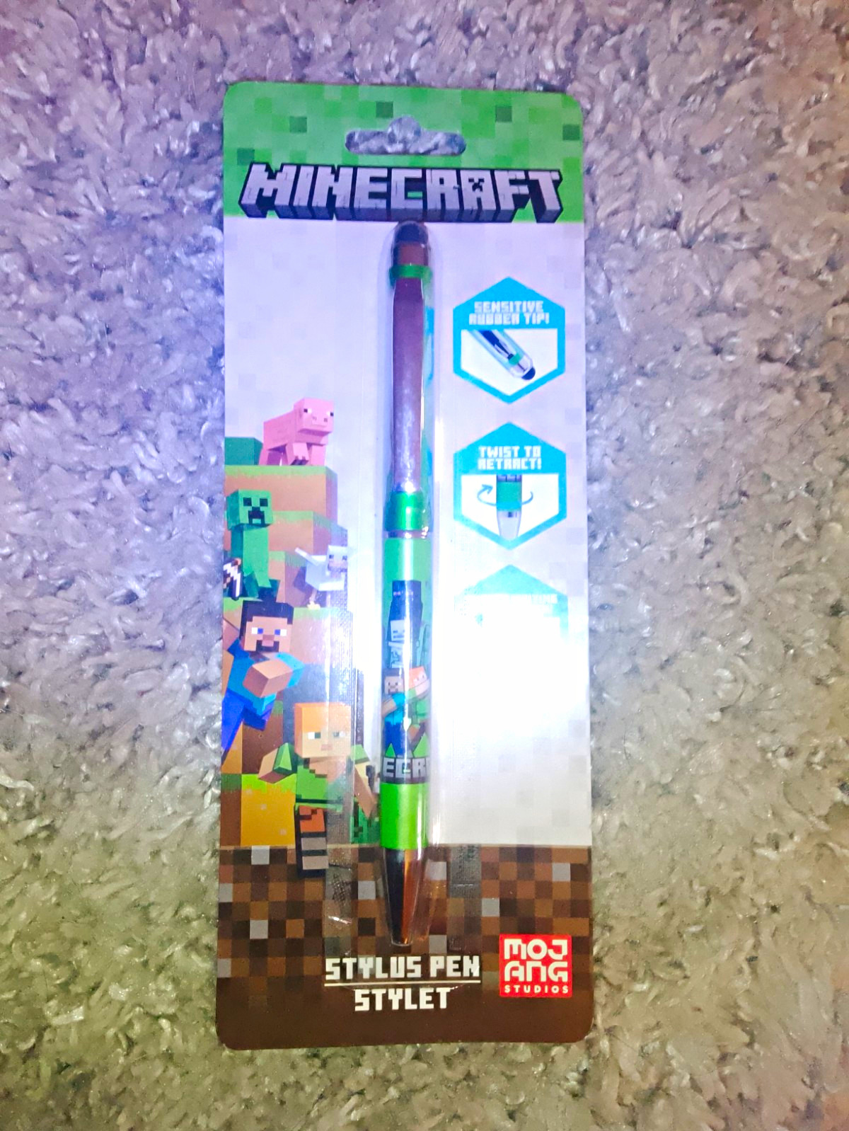 Minecraft Retractable Stylus Pen, Green, Rubber Tip Stylus + Pen