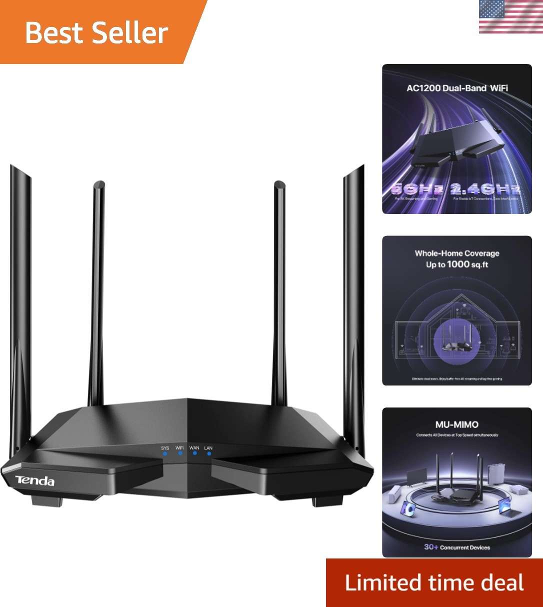 Tenda AC1200 Smart Router: Fast, Dual Band WiFi with 4 Ethernet Ports & App