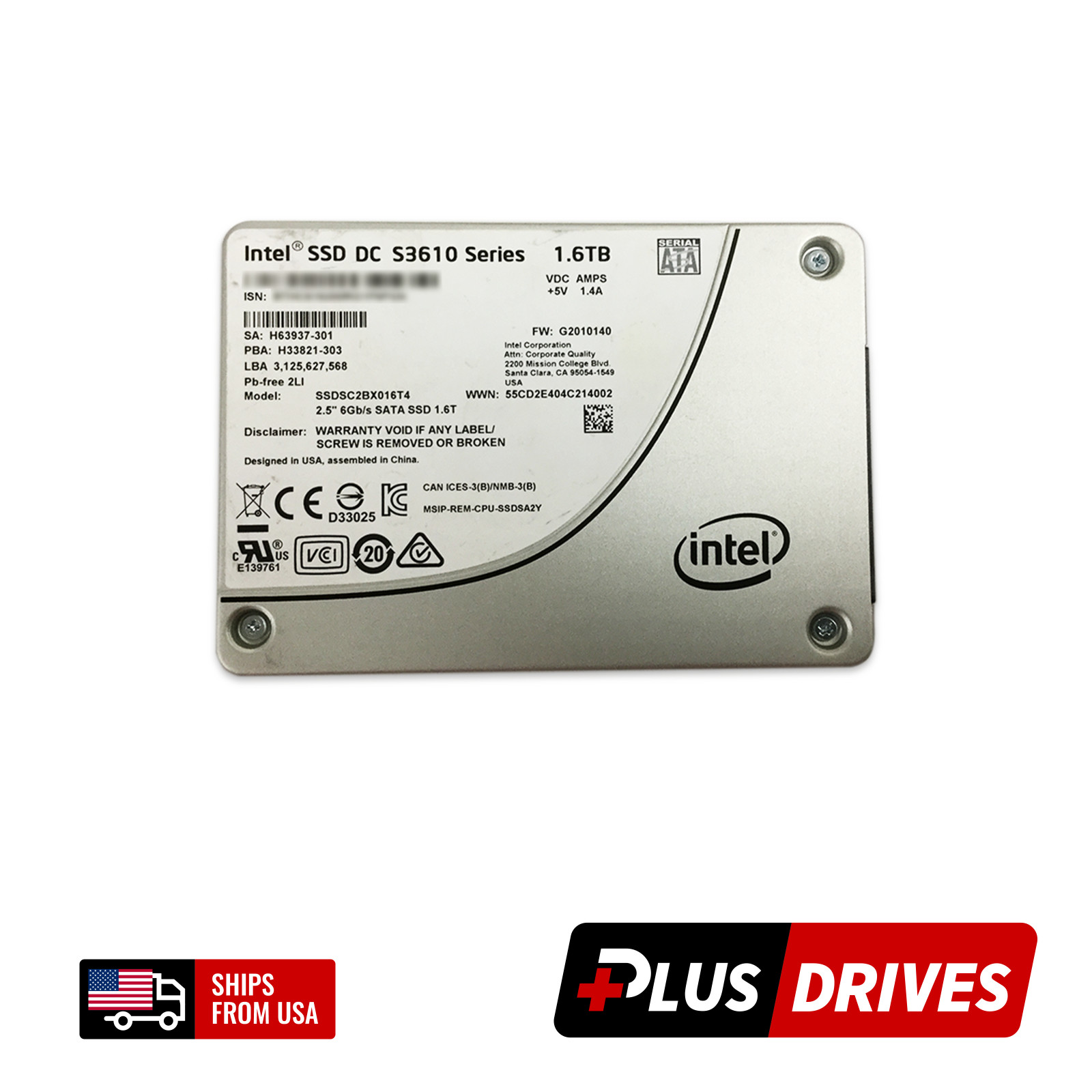 Intel 1.6TB SATA SSD 2.5" DC S3610 6Gbps 84K IOPS 3DWPD Enterprise SSD Drive
