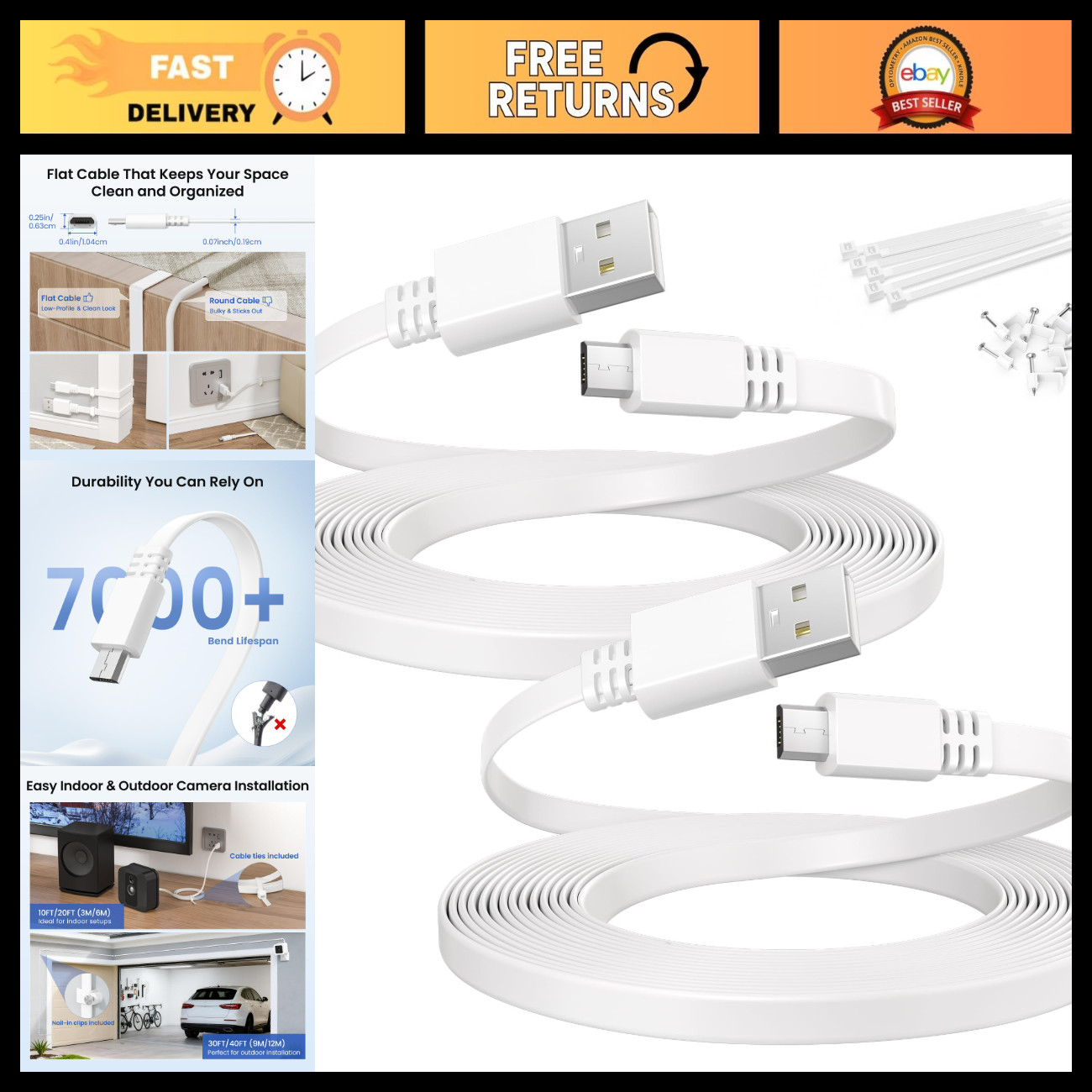 30FT Micro USB Power Extension Cable 2-Pack, Flat USB A to Micro USB, White