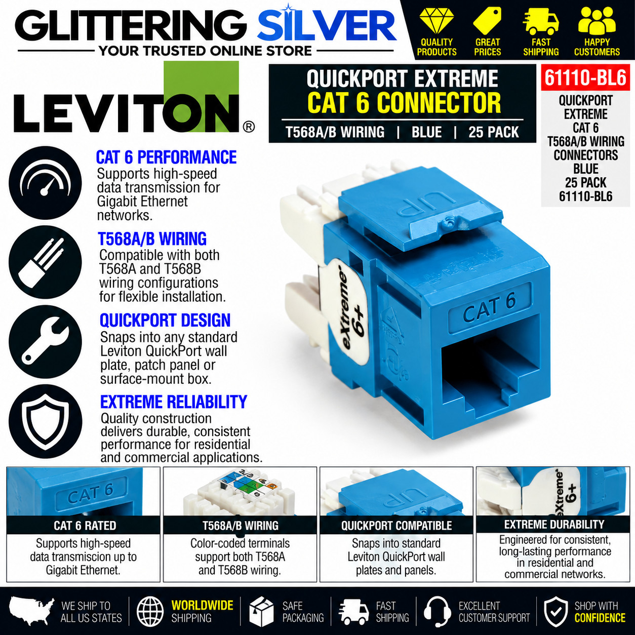 Leviton 61110-BL6 QuickPort Extreme Cat6 RJ45 T568A/B Jack Blue 25-Pack