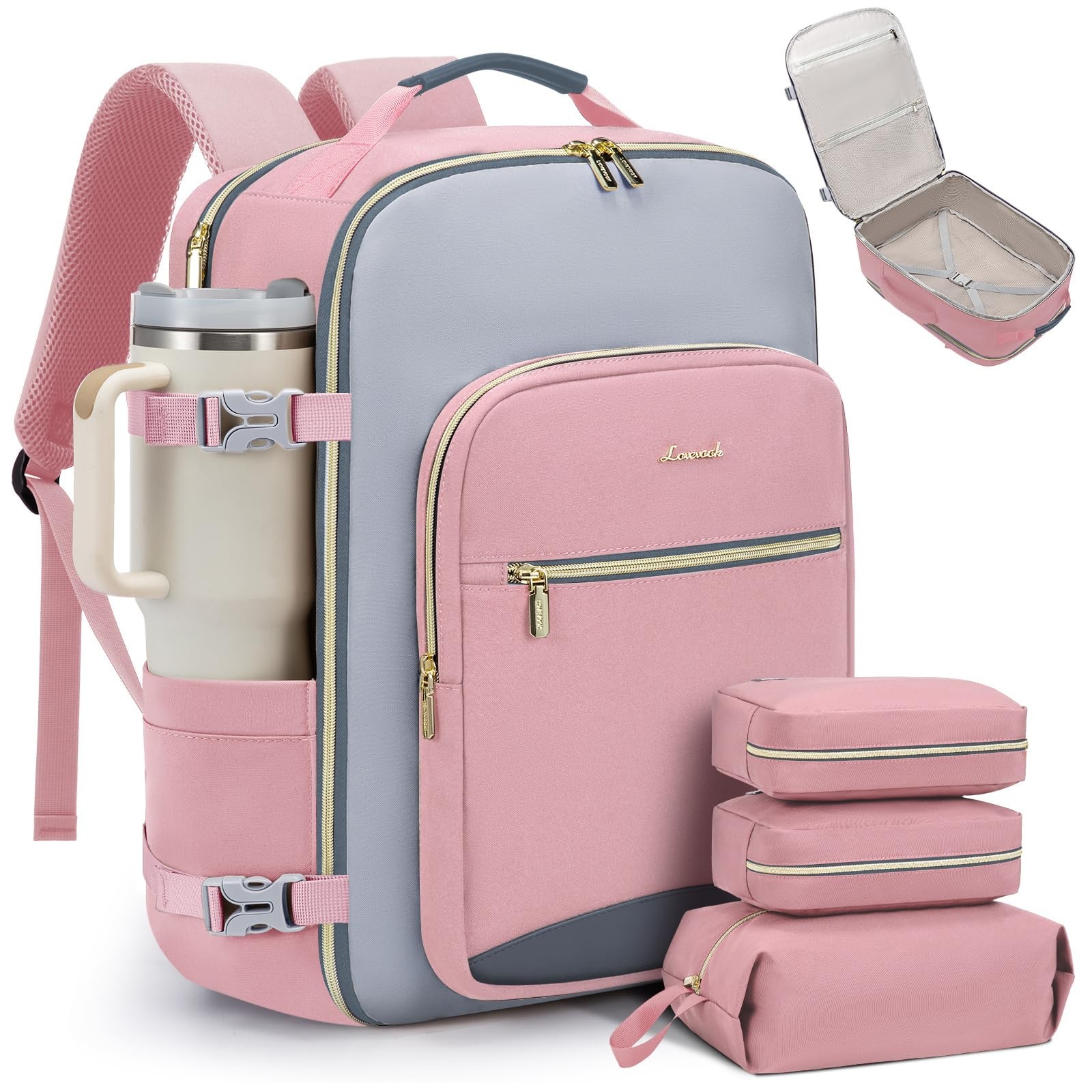 LOVEVOOK 40L Travel Backpack for Women & Men, Large, Pink-light Grey-grey