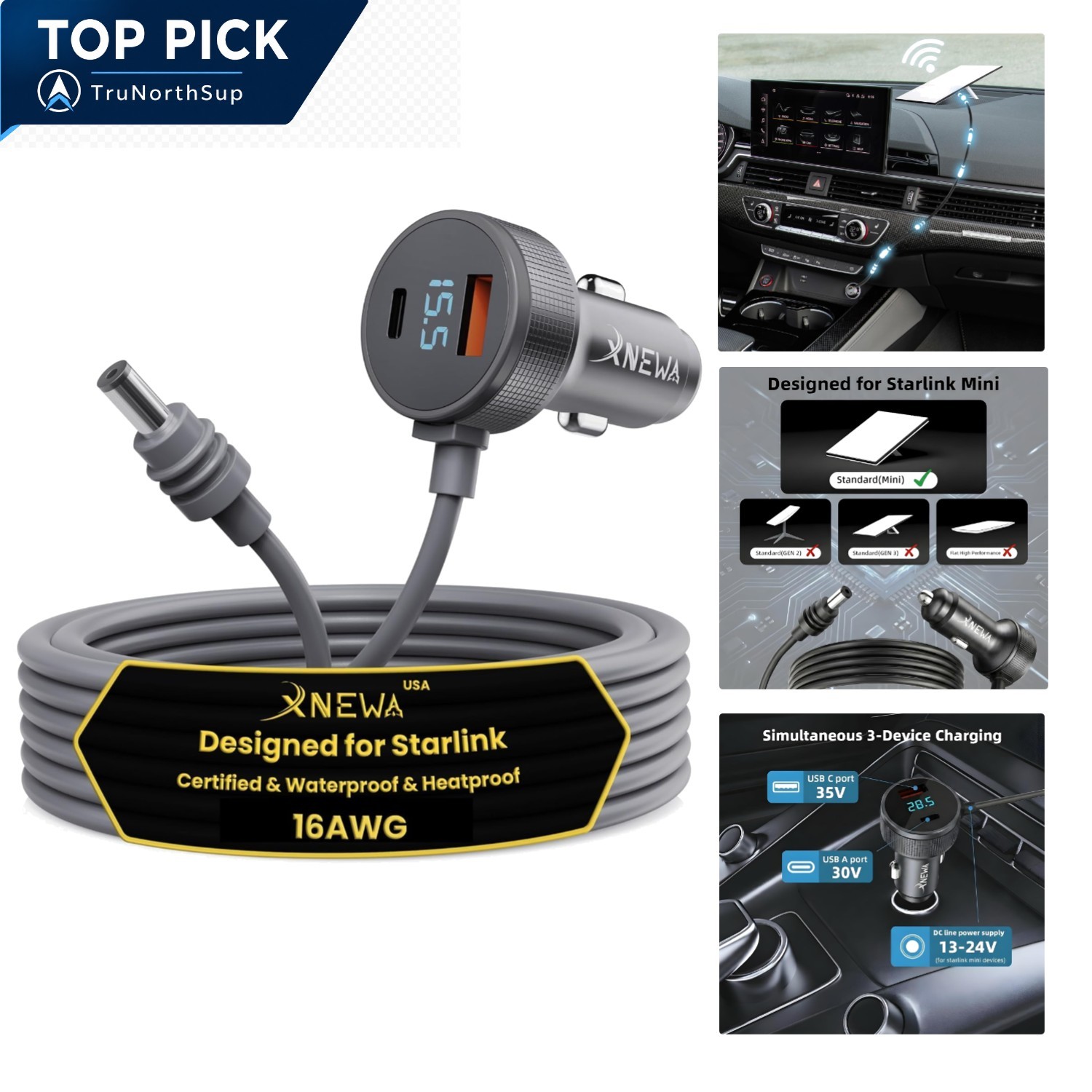 Starlink Mini Car Adapter 5m 16ft waterproof military-grade fast charging