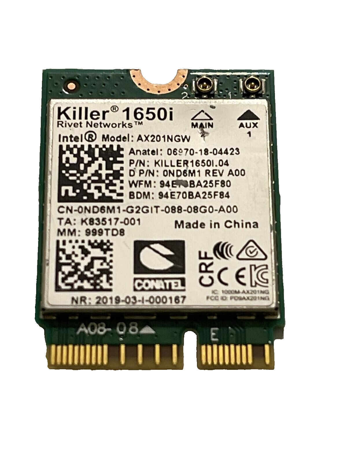 Genuine Intel Killer 1650i Wireless Wi-Fi 6 Bluetooth 5 AX201NGW ND6M1 0ND6M1