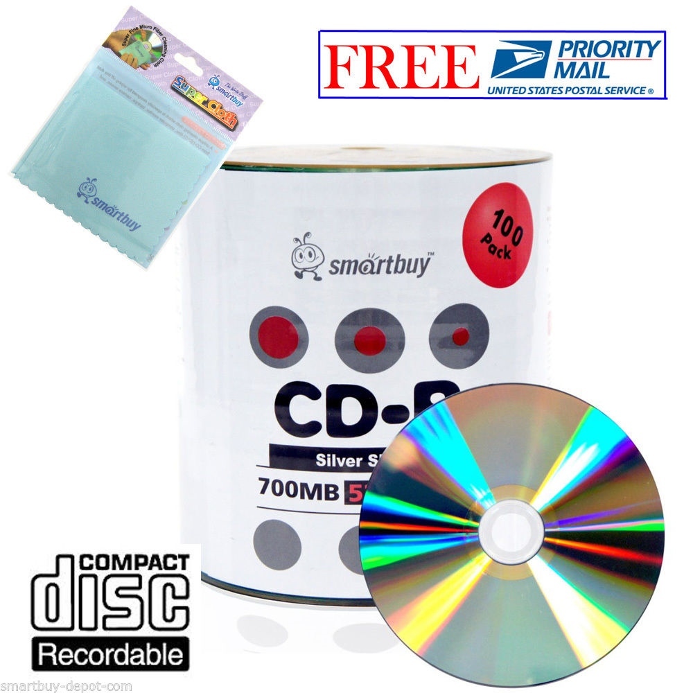 100 Pack Smartbuy 52X CD-R 700MB 80Min Shiny Silver Disc +FREE Micro Fiber Cloth